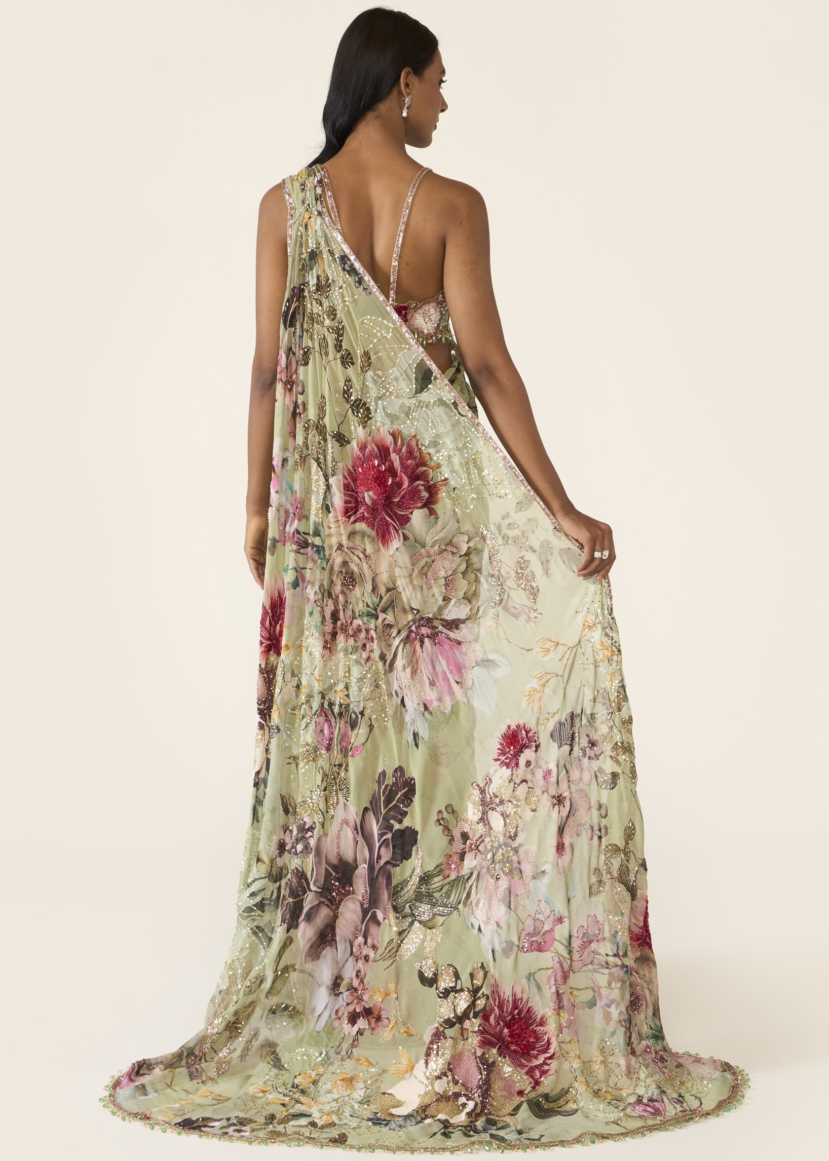 Green Printed Concept Sari Set