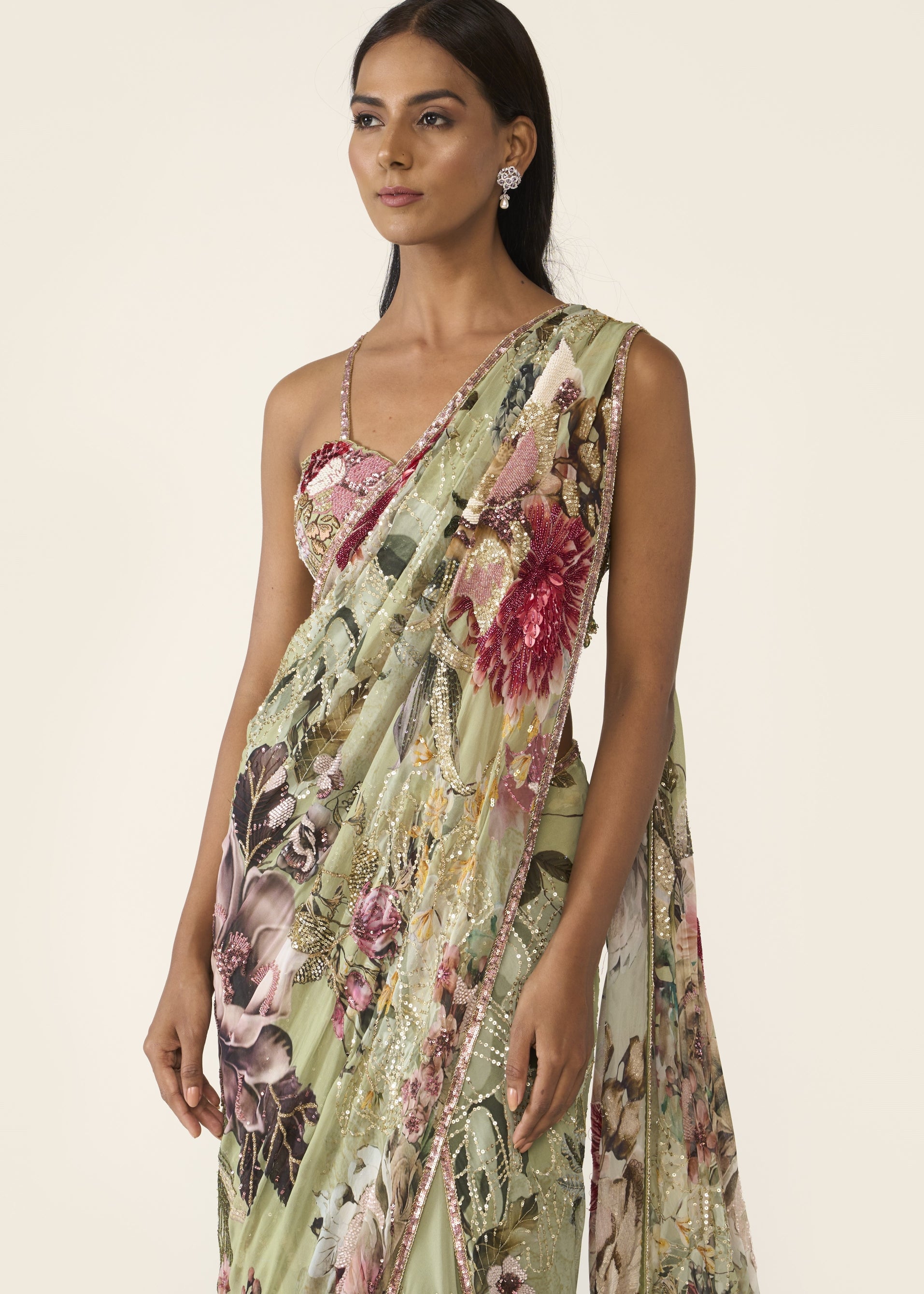 Green Printed Concept Sari Set