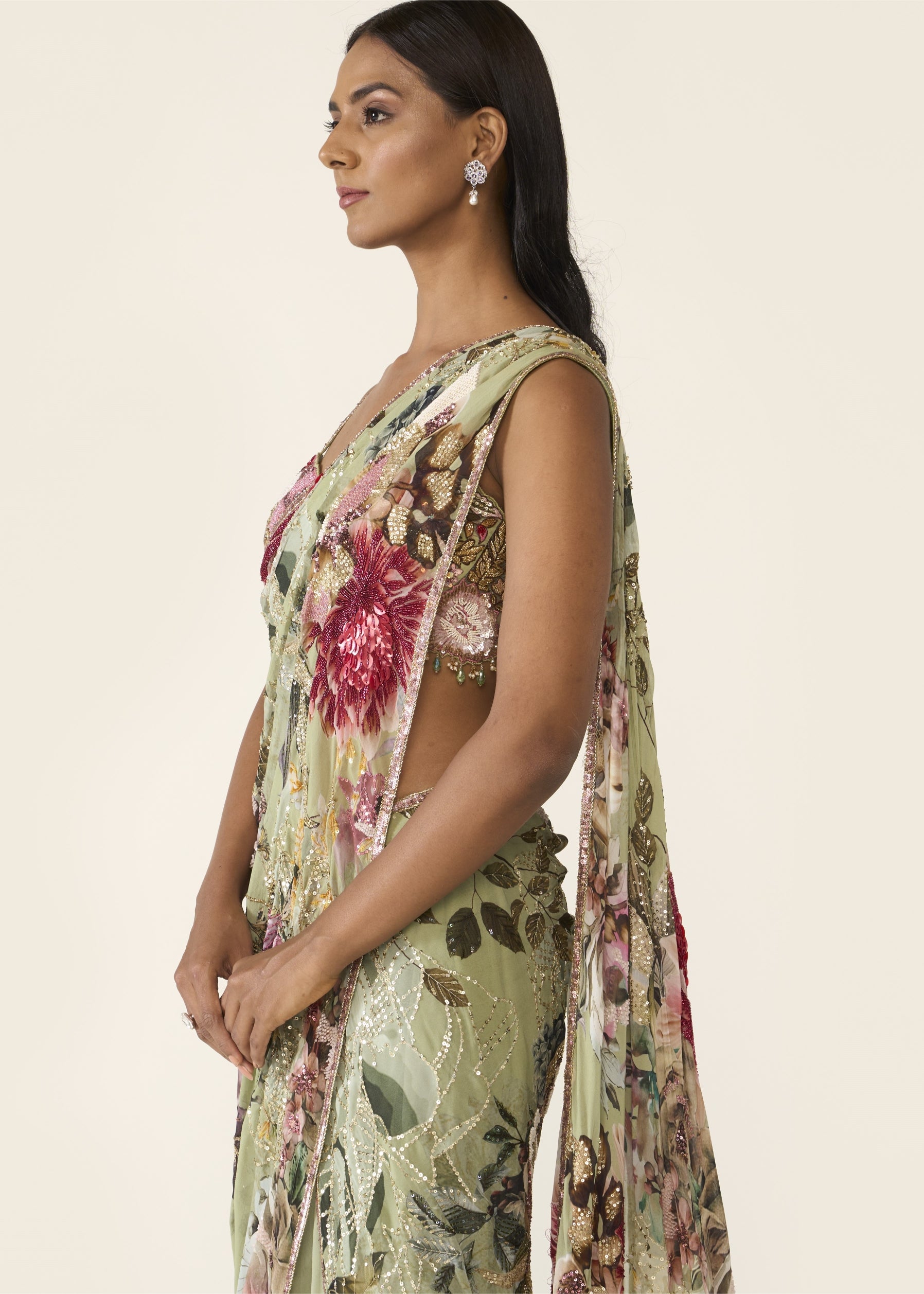 Green Printed Concept Sari Set
