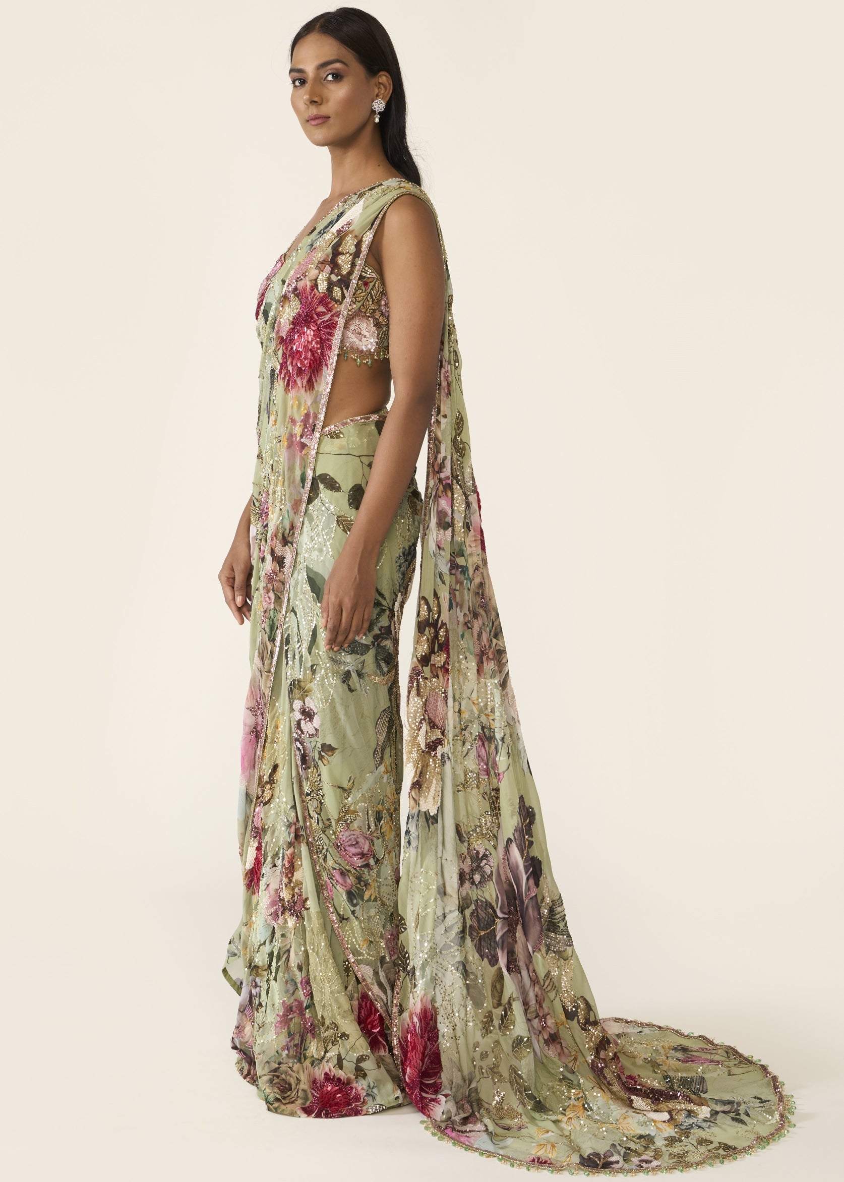 Green Printed Concept Sari Set