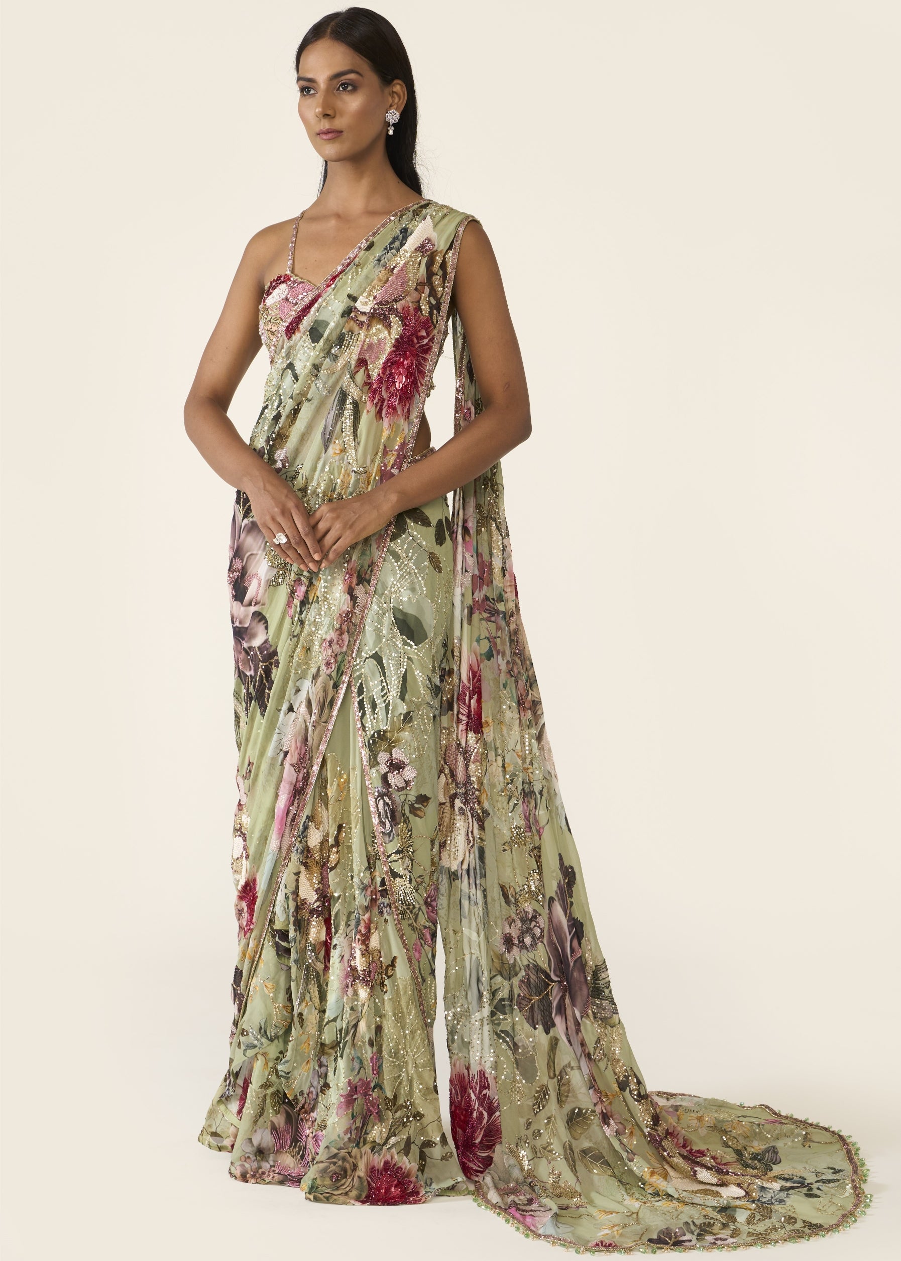 Green Printed Concept Sari Set