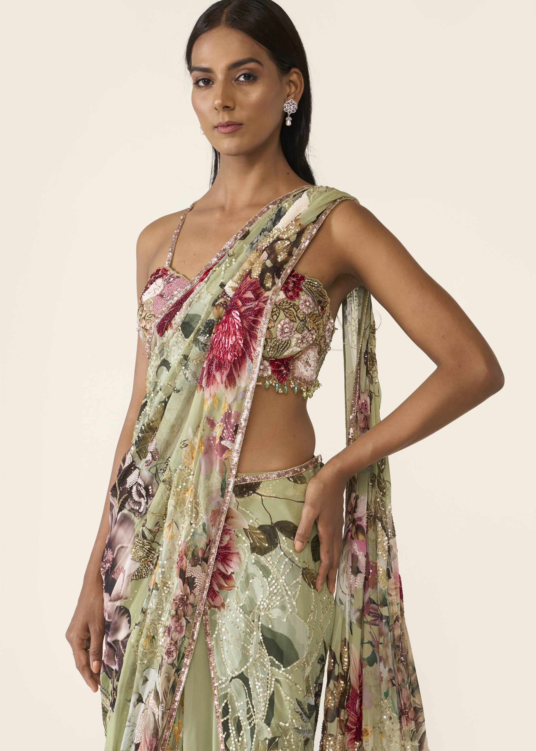 Green Printed Concept Sari Set