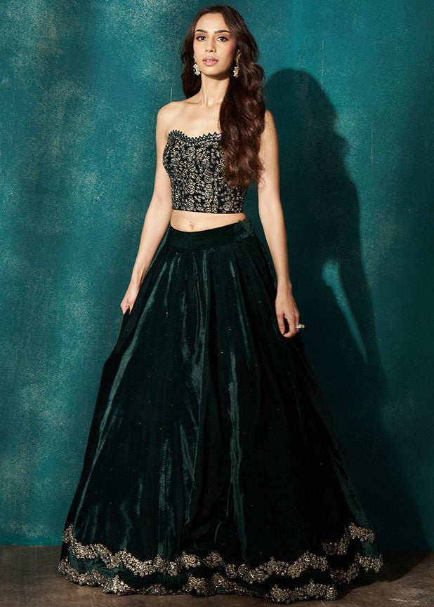 Green Velvet Corset Lehenga