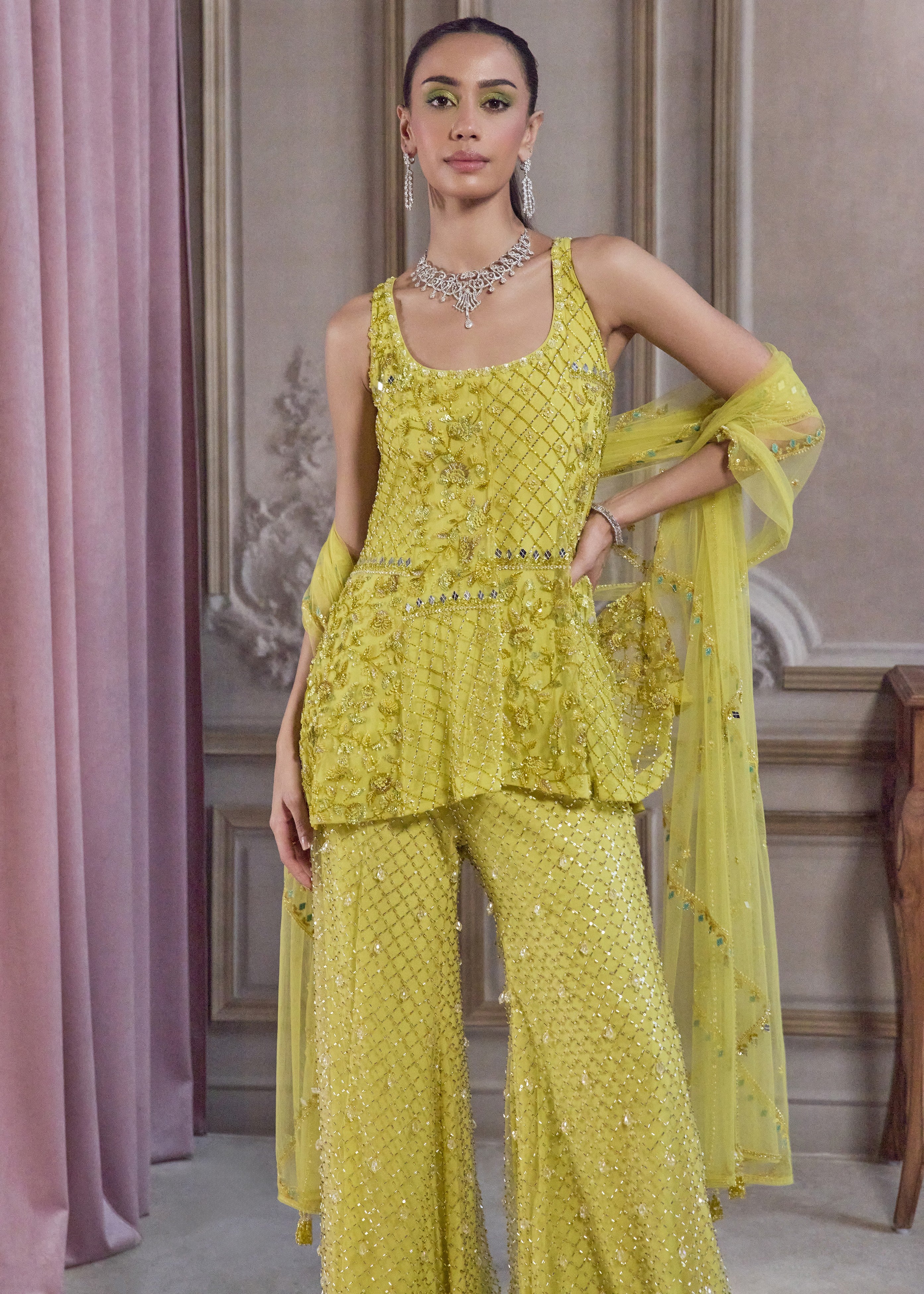 Neon Green Short Kurta And Pants