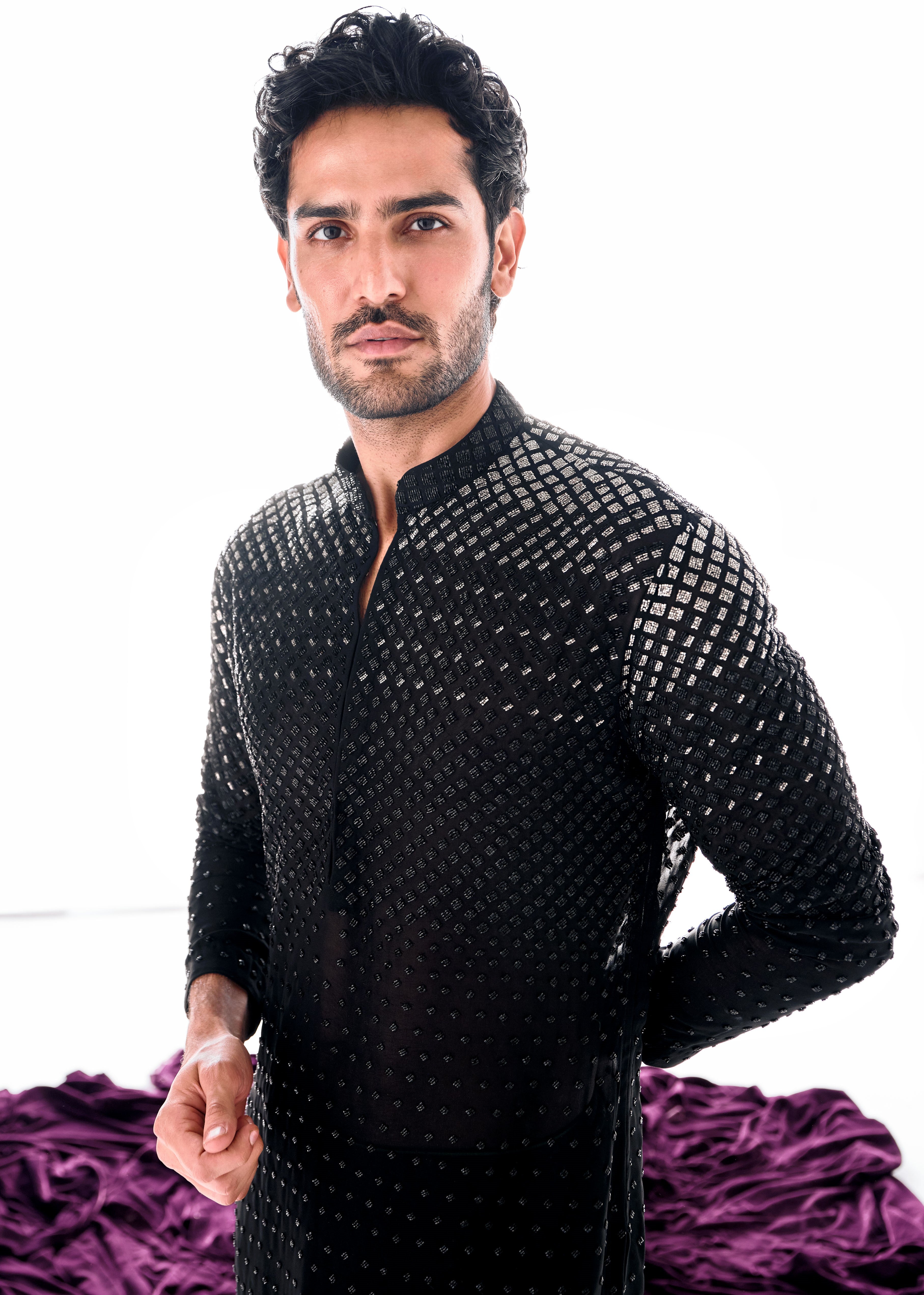 Black To Silver Georgette Ombre Kurta