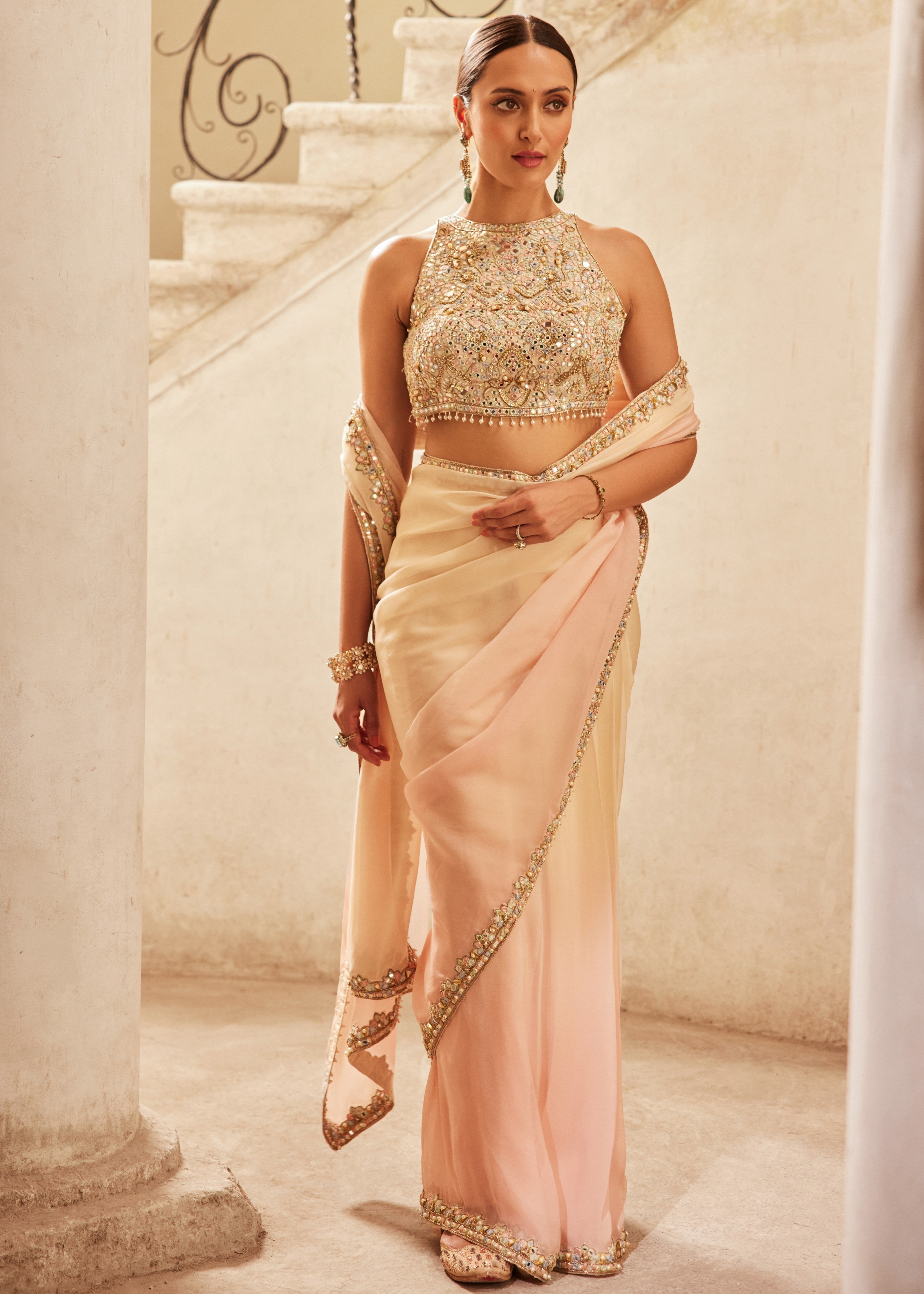 Pink Ivory Ombre Organza Sari Set