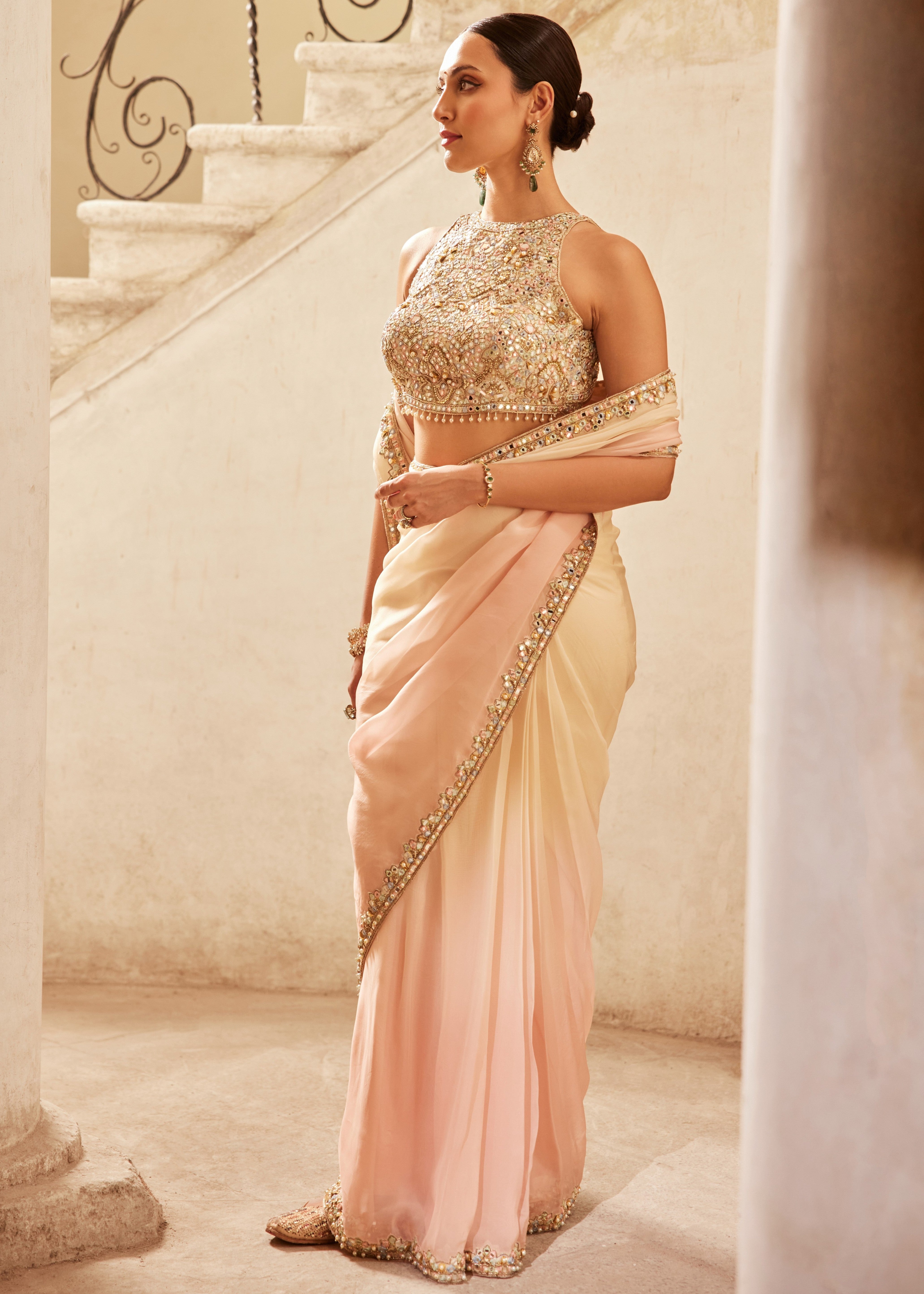 Pink Ivory Ombre Organza Sari Set