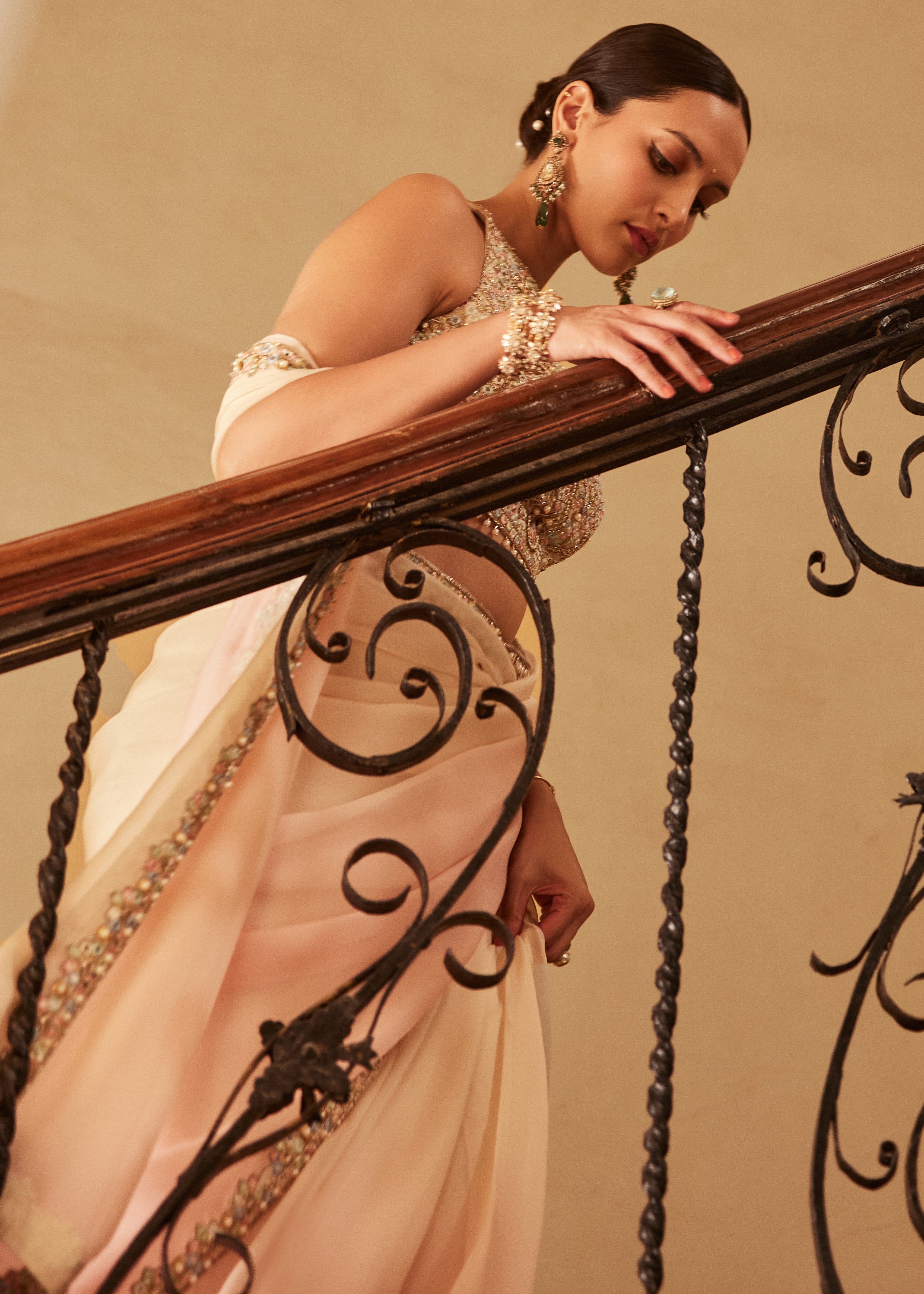 Pink Ivory Ombre Organza Sari Set