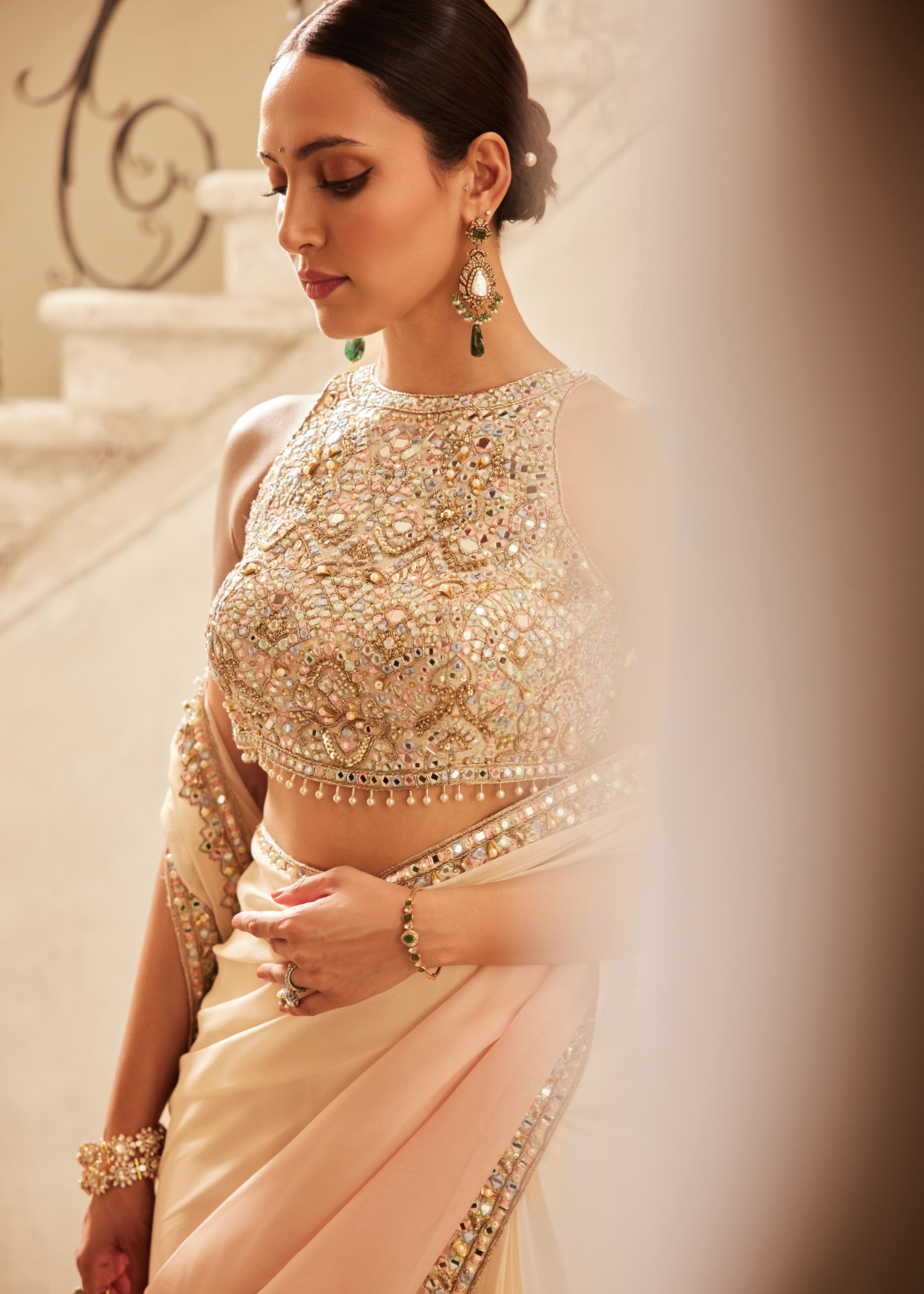 Pink Ivory Ombre Organza Sari Set