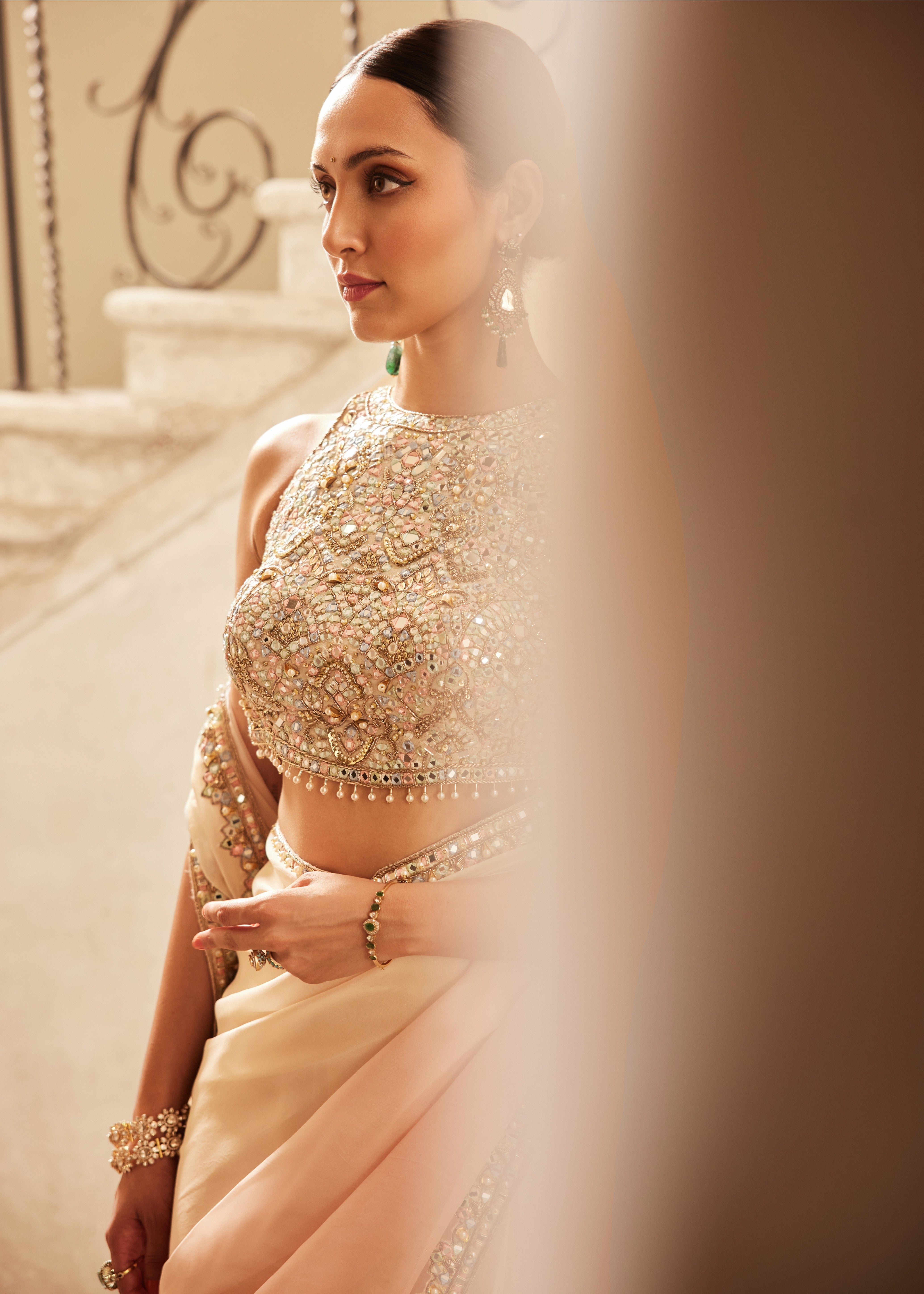 Pink Ivory Ombre Organza Sari Set