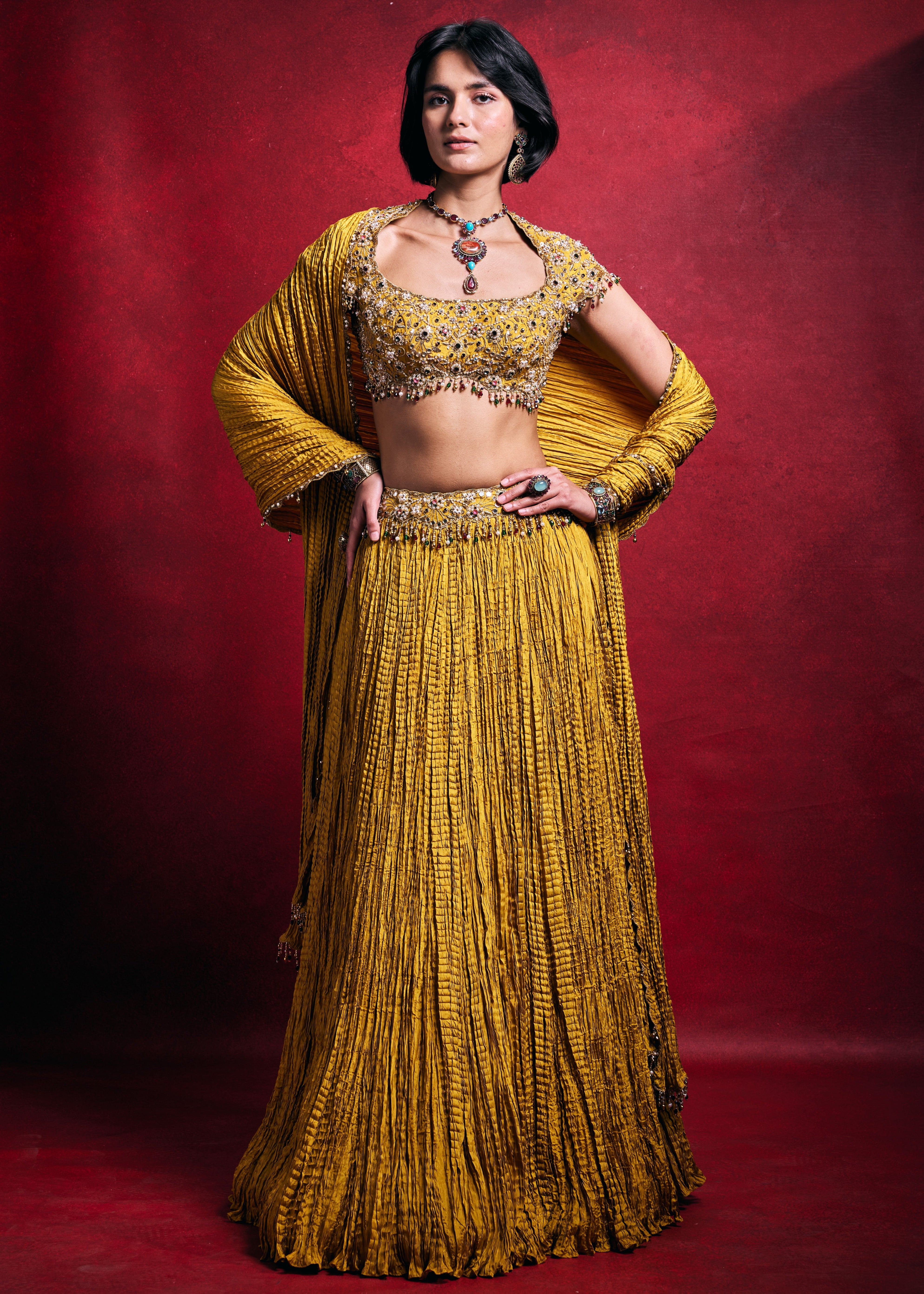 Mustard Crushed Lehenga Set