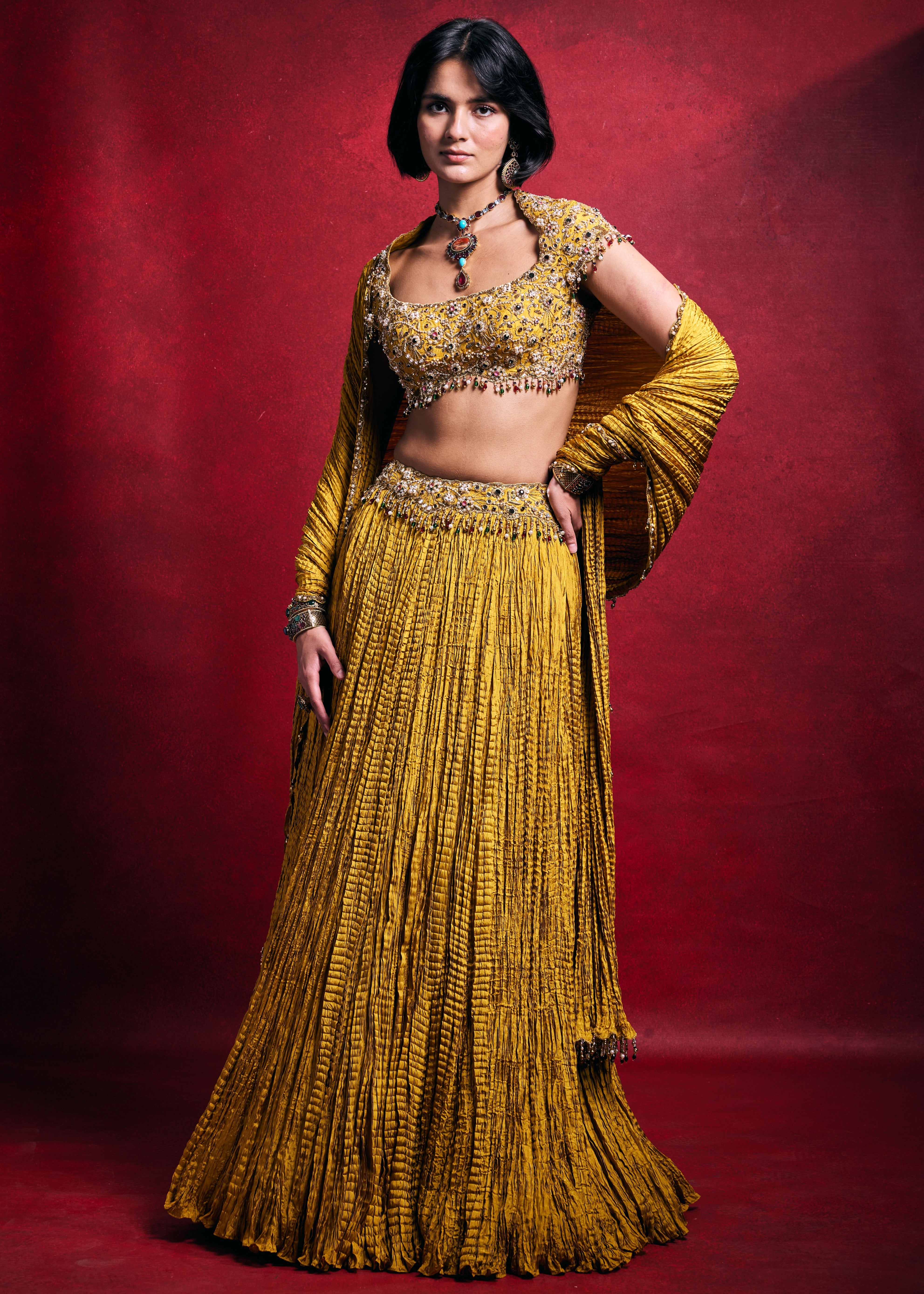 Mustard Crushed Lehenga Set