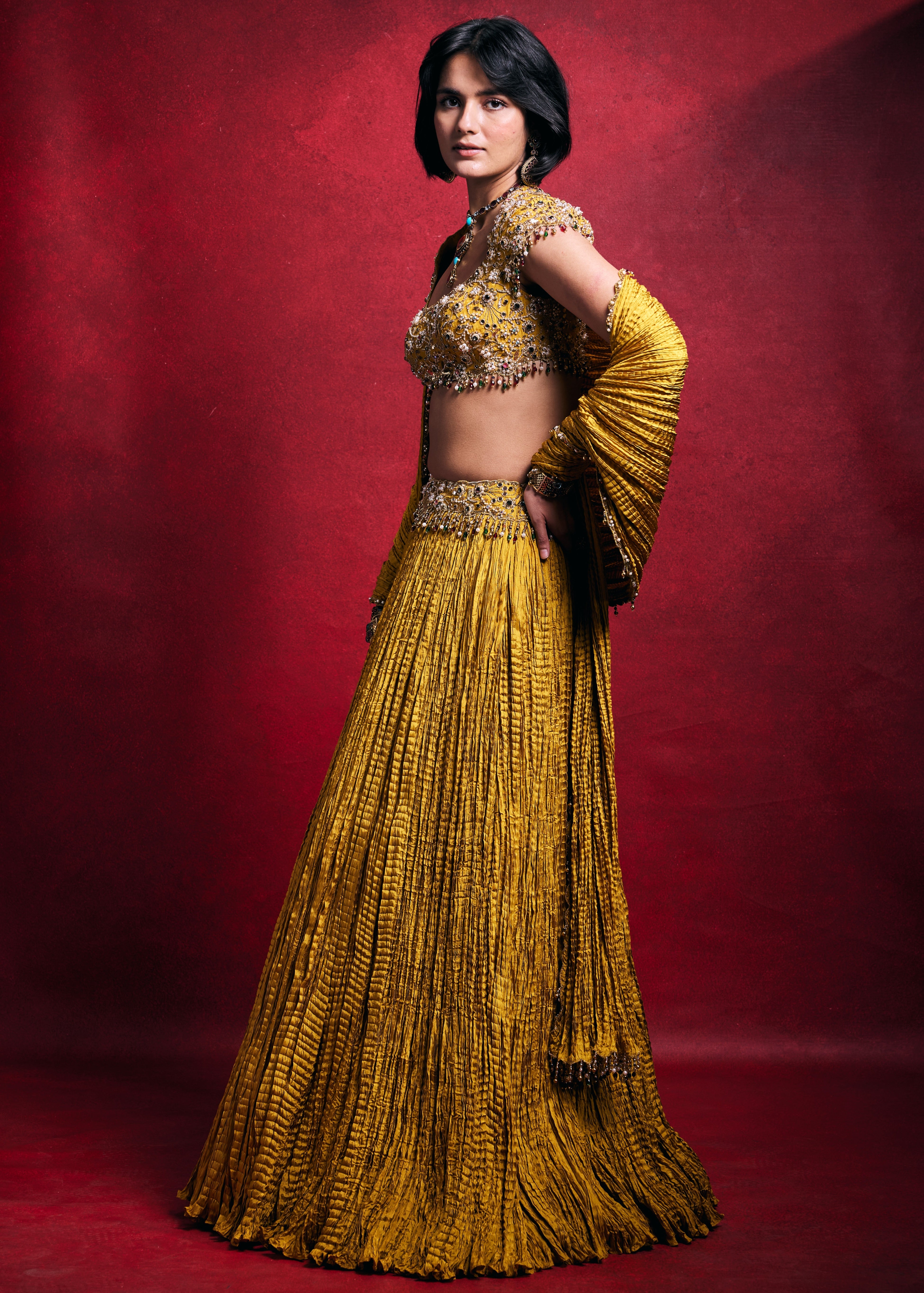 Mustard Crushed Lehenga Set