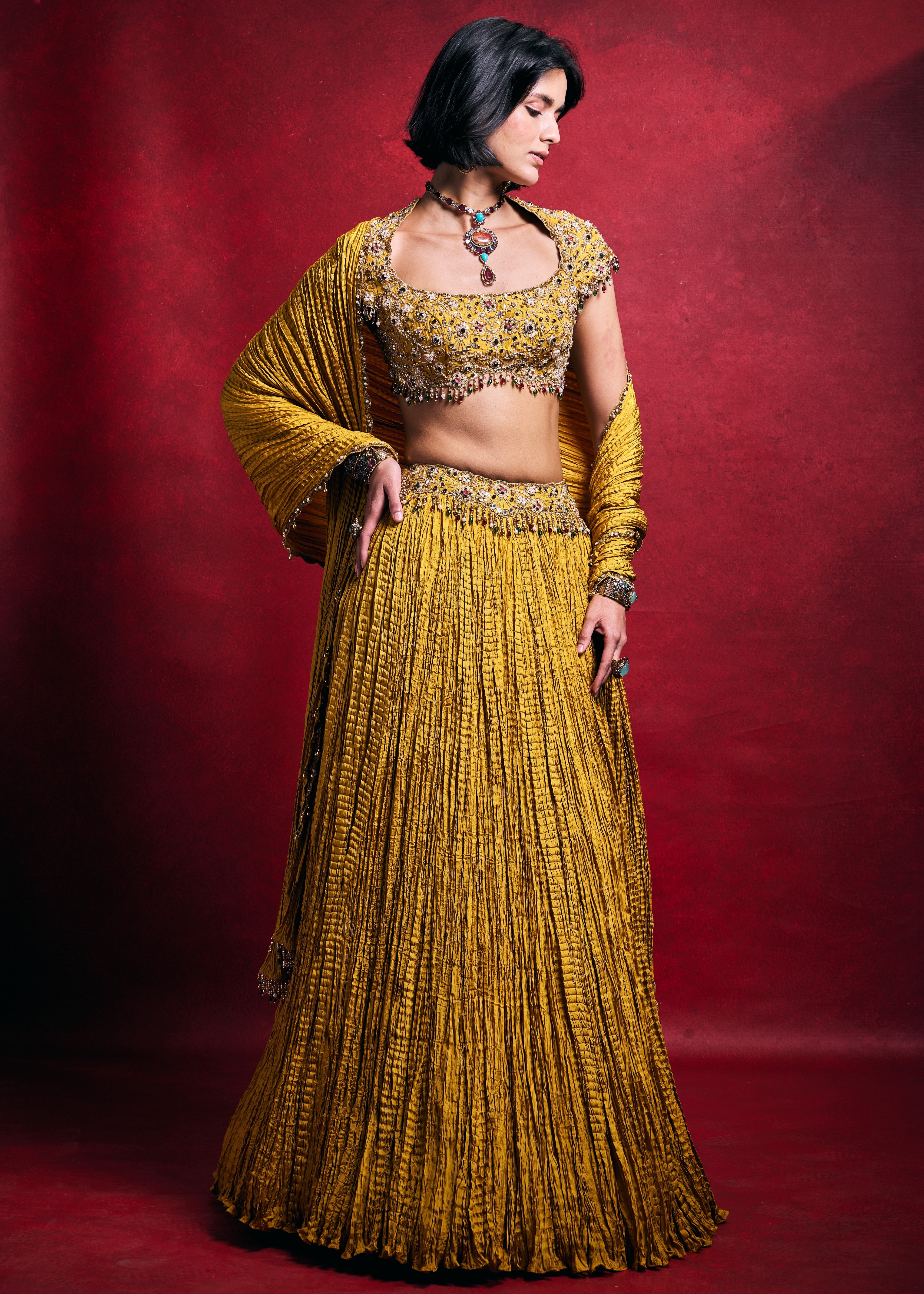 Mustard Crushed Lehenga Set