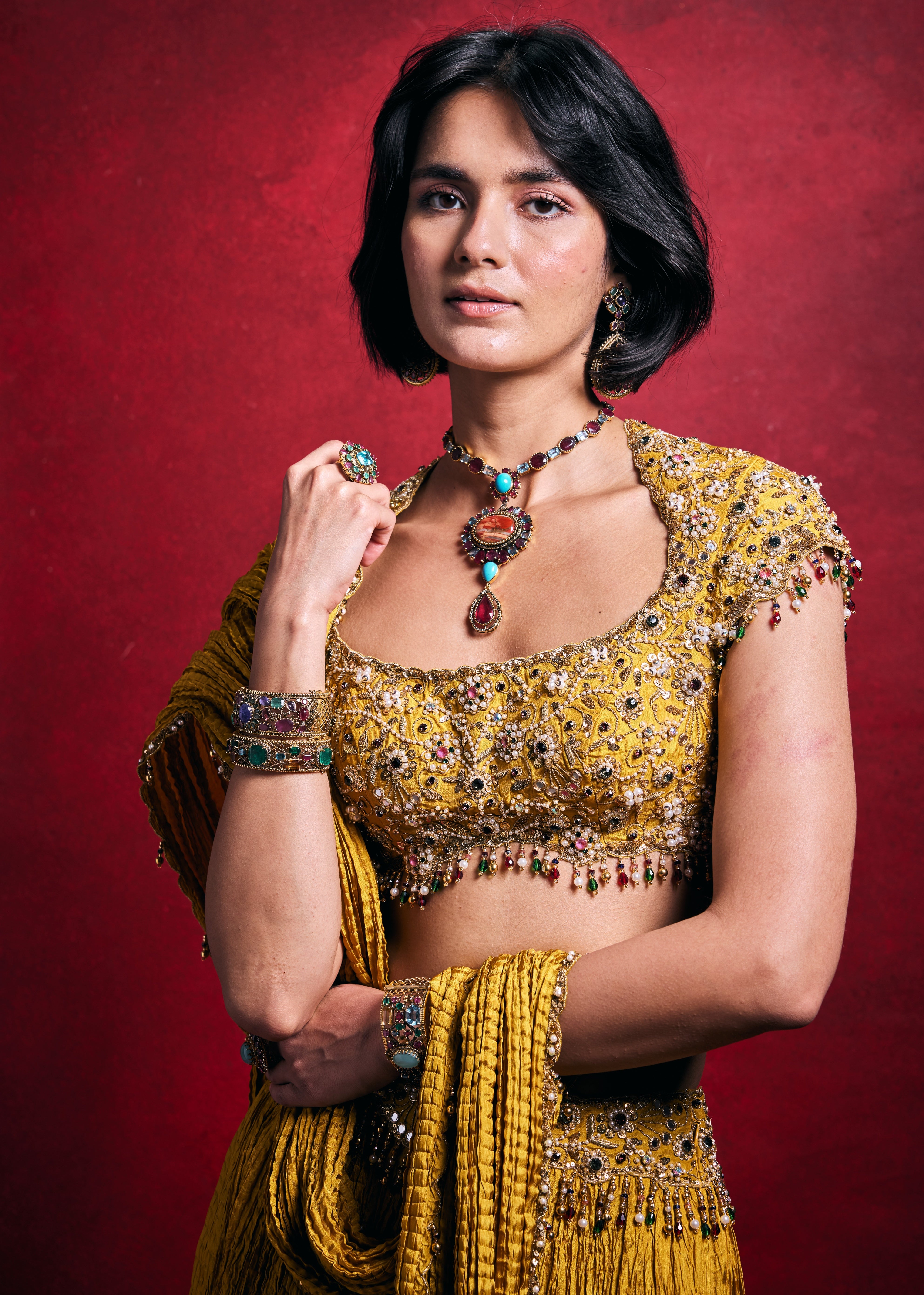 Mustard Crushed Lehenga Set