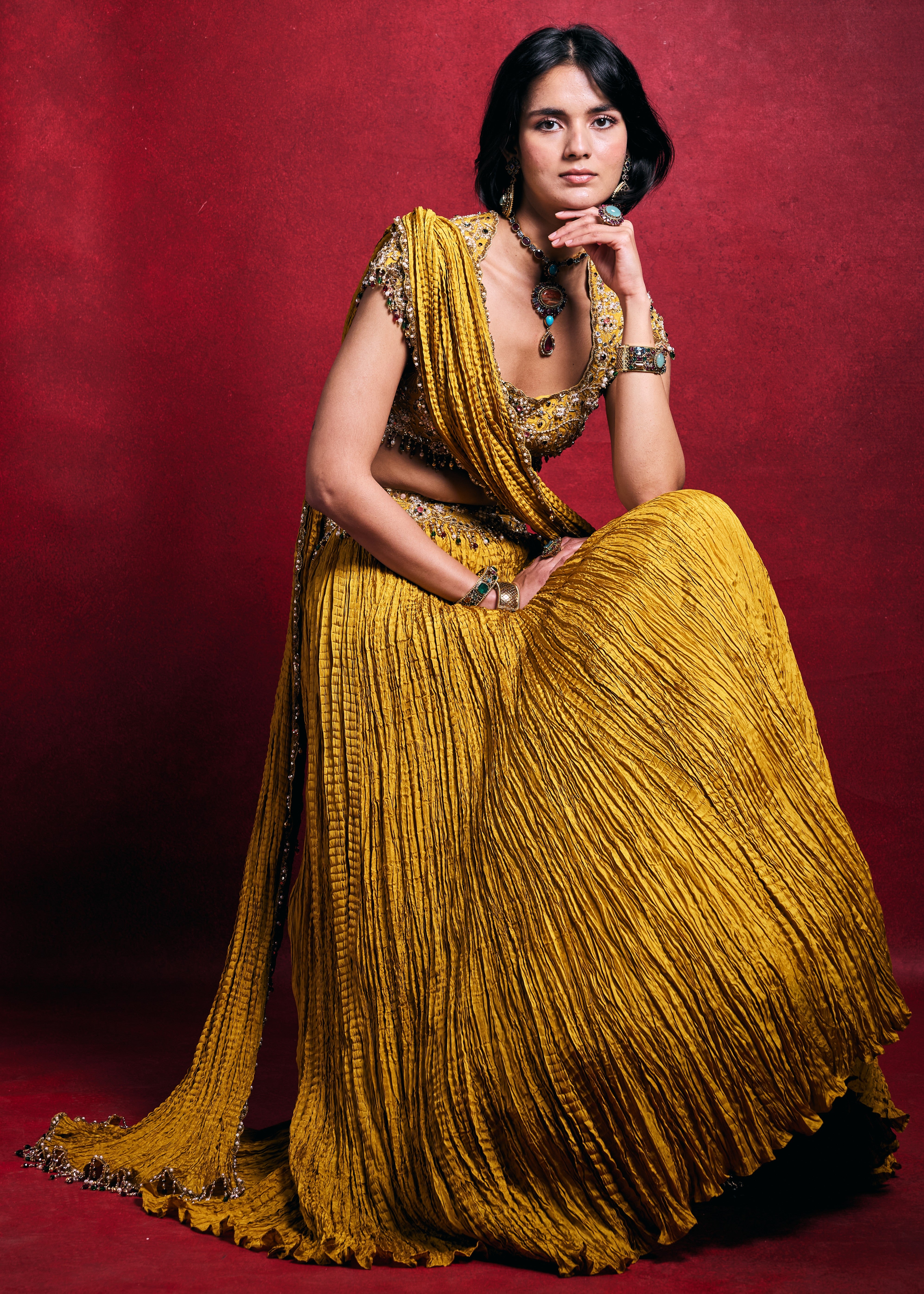 Mustard Crushed Lehenga Set