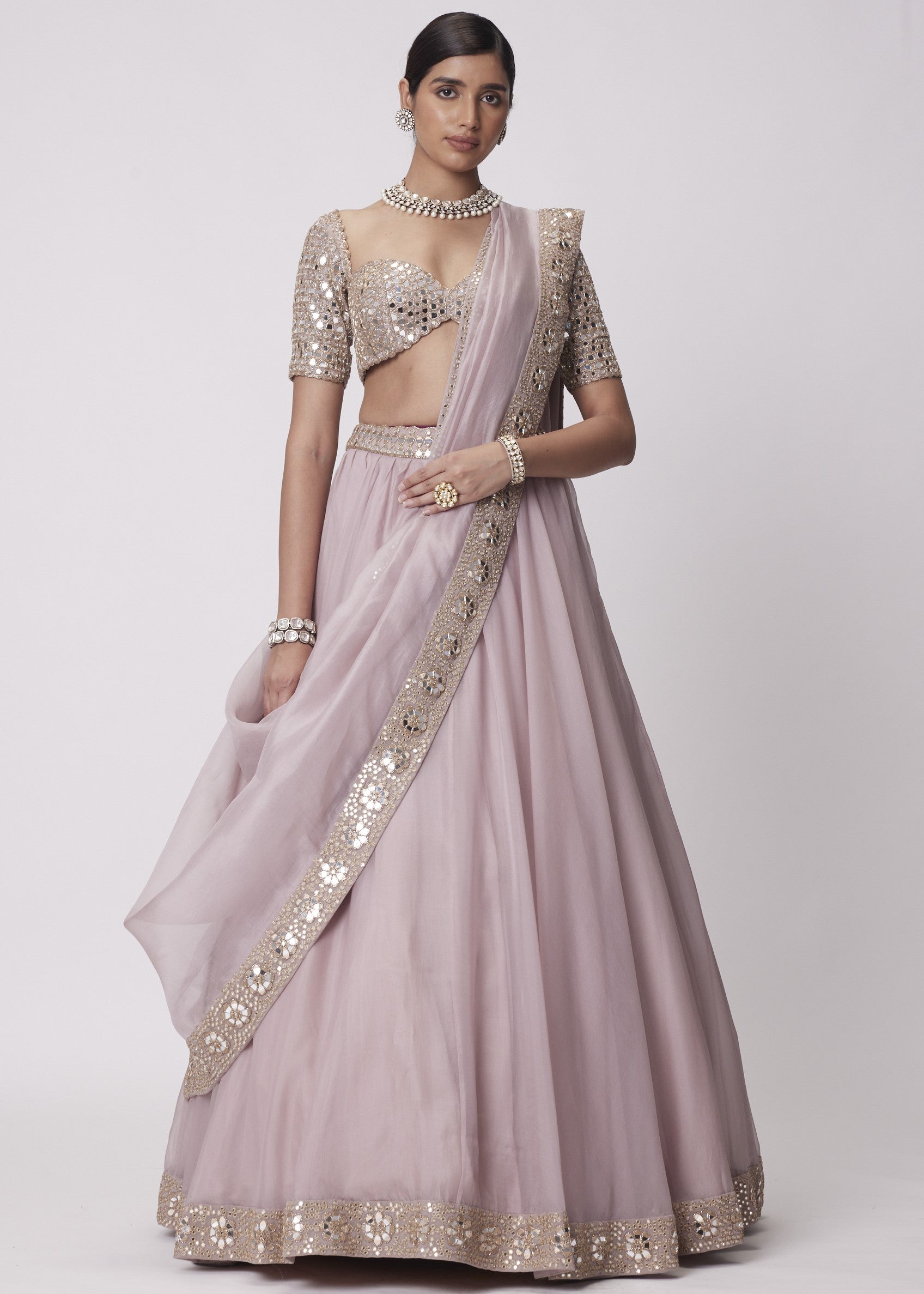 Ash Pink Flower Border Organza Lehenga Set