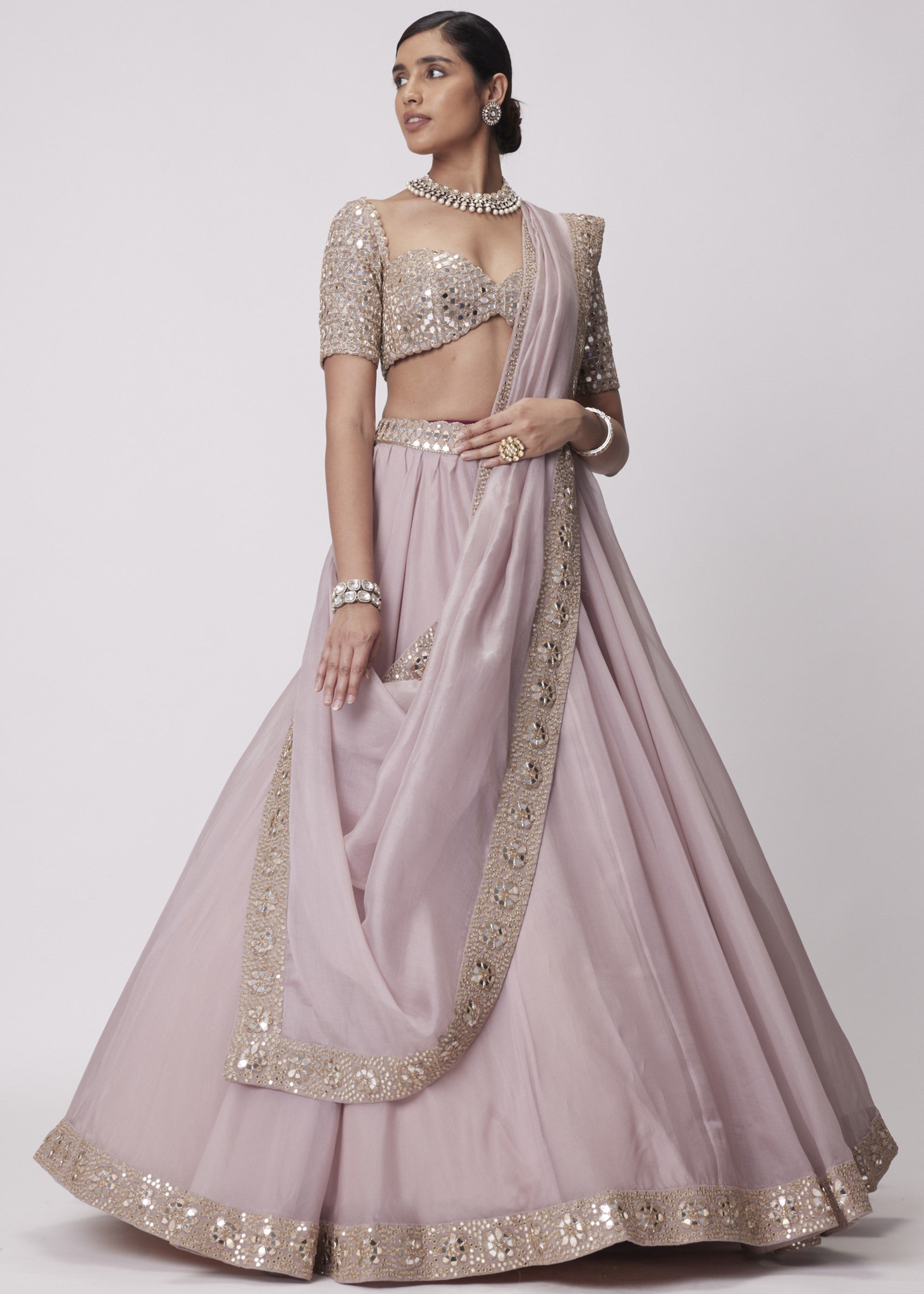 Ash Pink Flower Border Organza Lehenga Set