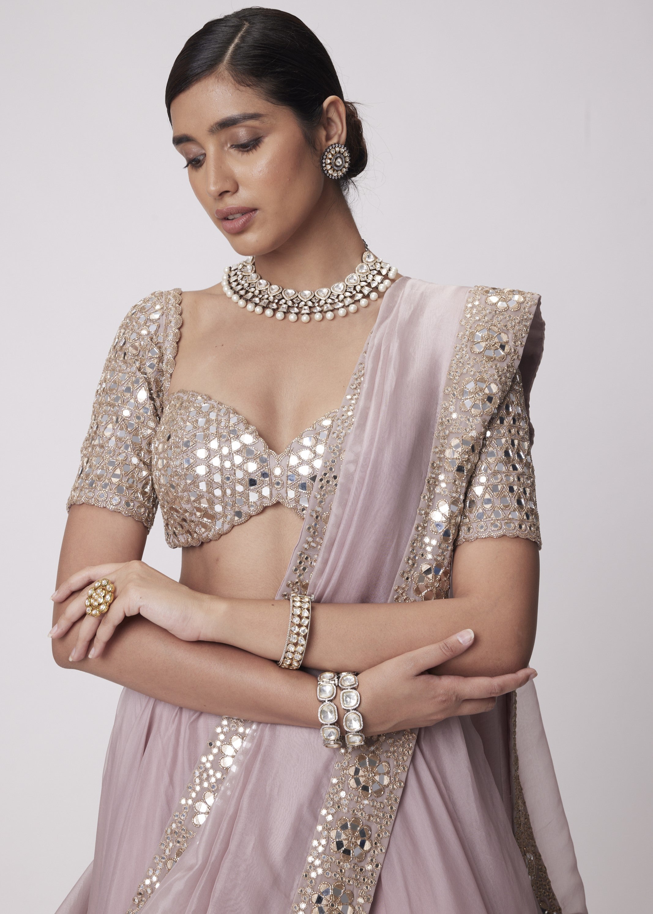 Ash Pink Flower Border Organza Lehenga Set