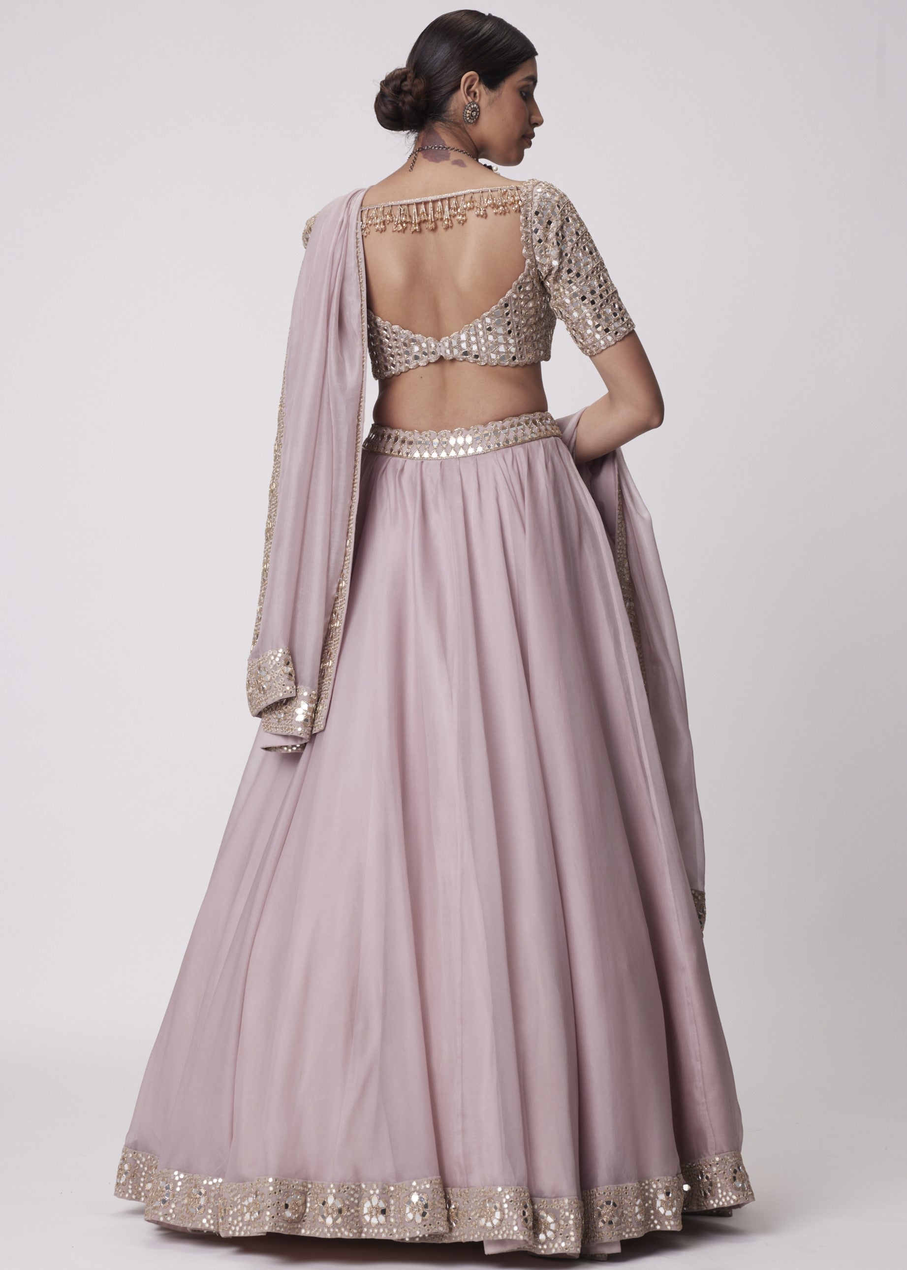 Ash Pink Flower Border Organza Lehenga Set