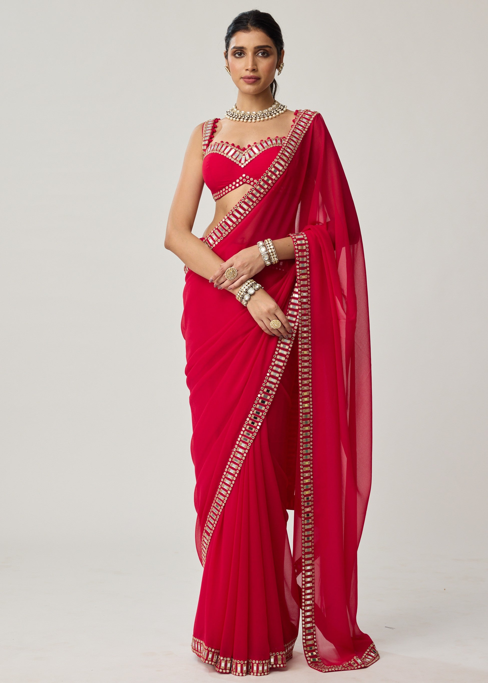Crimson Red Mirror Embroidered Georgette Sari Set
