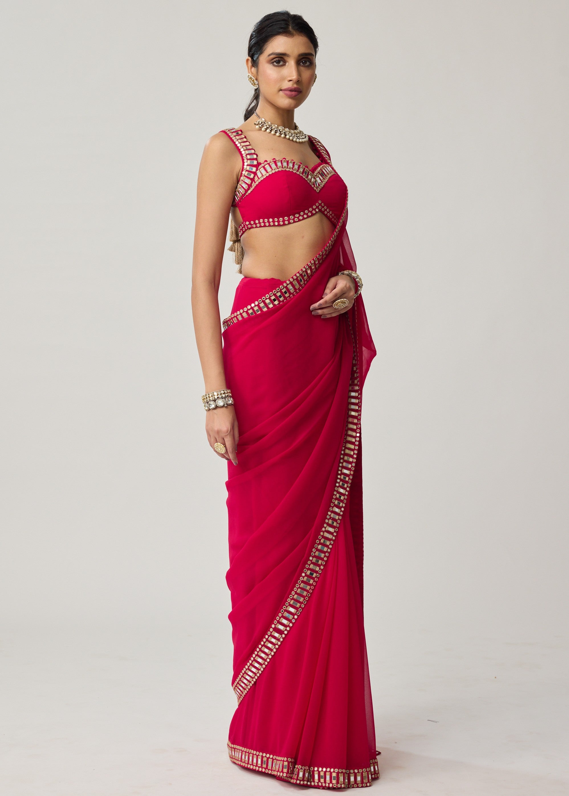 Crimson Red Mirror Embroidered Georgette Sari Set