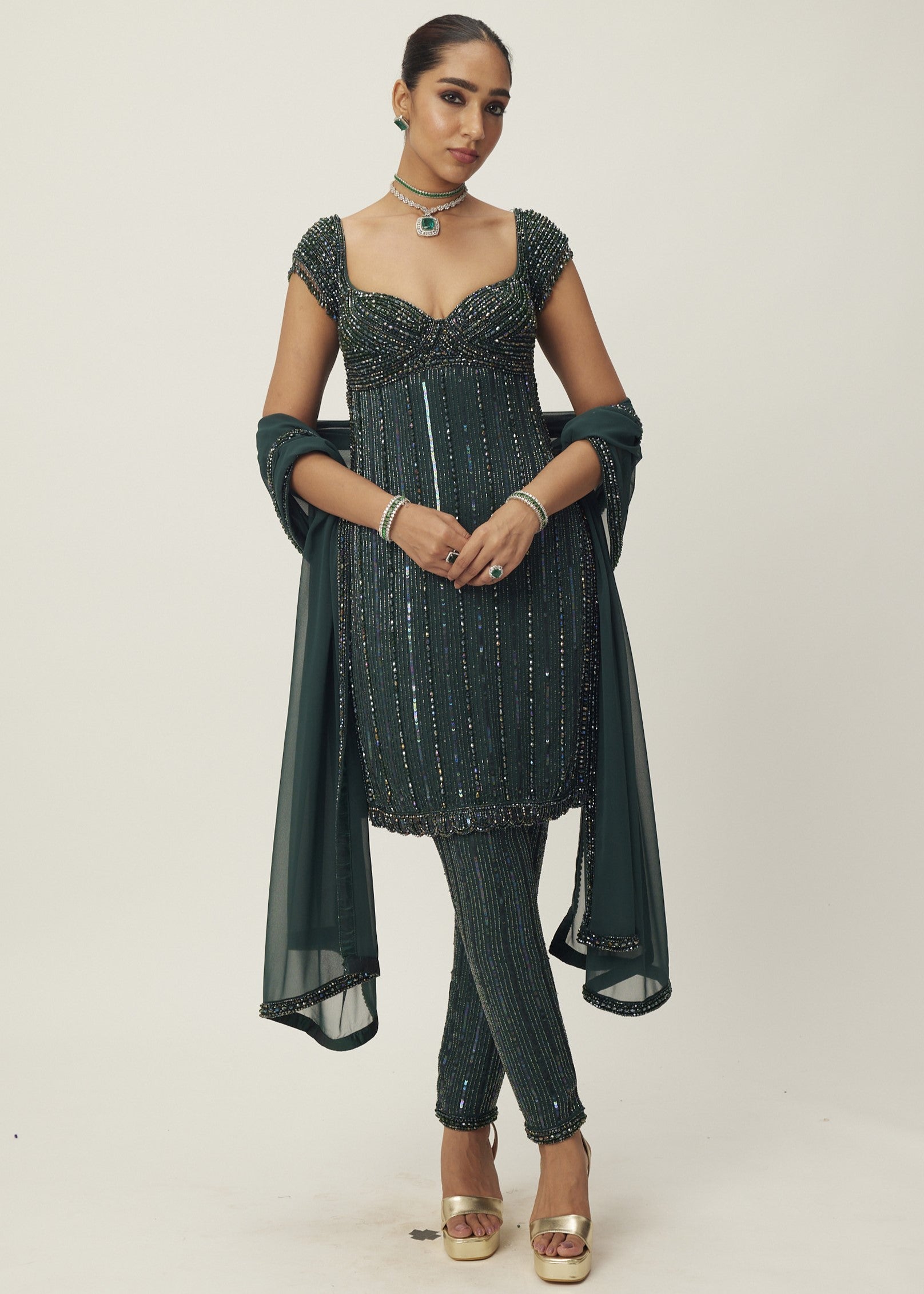 Dark Jade Green Crystal Embellished Kurta Set