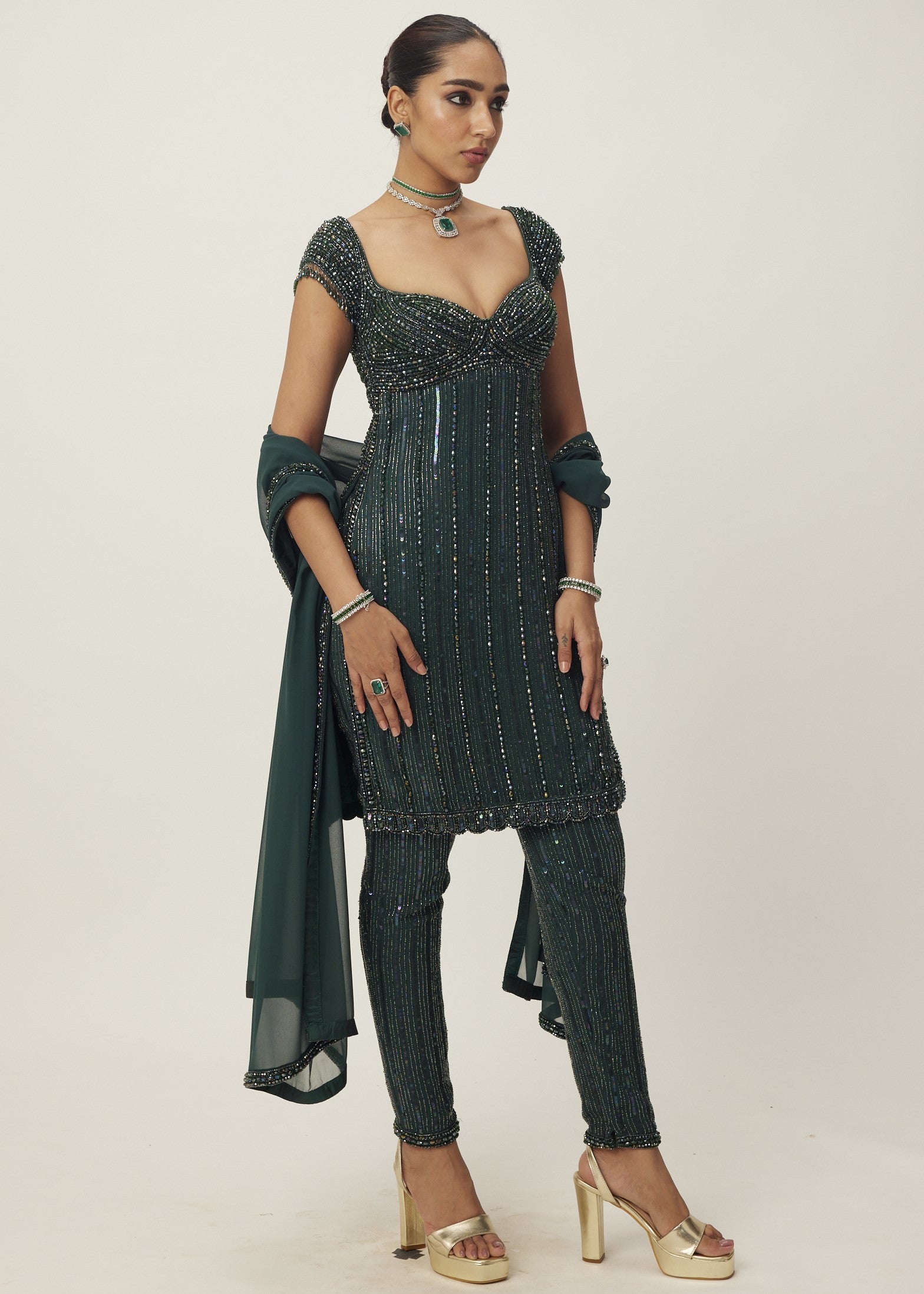 Dark Jade Green Crystal Embellished Kurta Set
