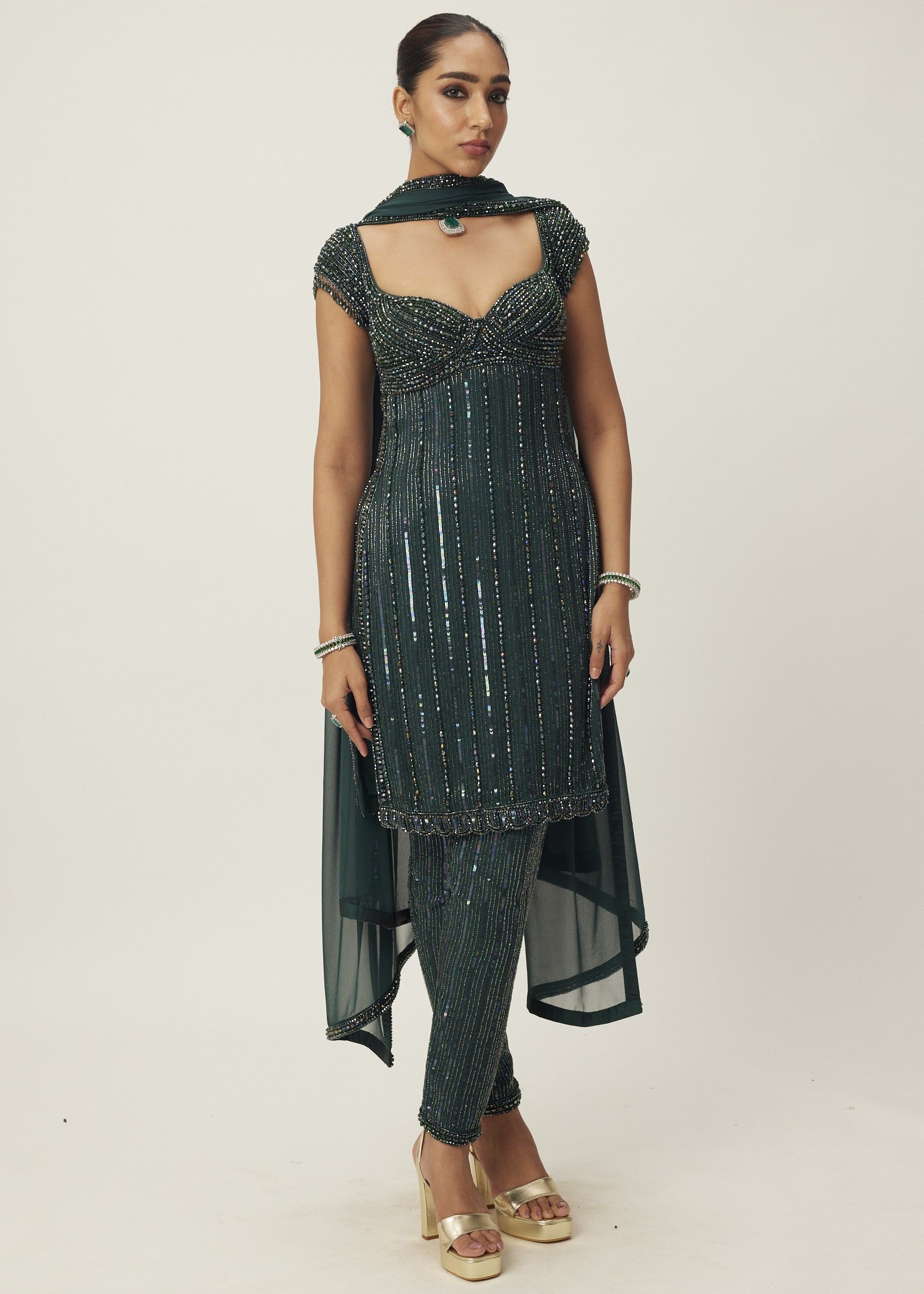 Dark Jade Green Crystal Embellished Kurta Set