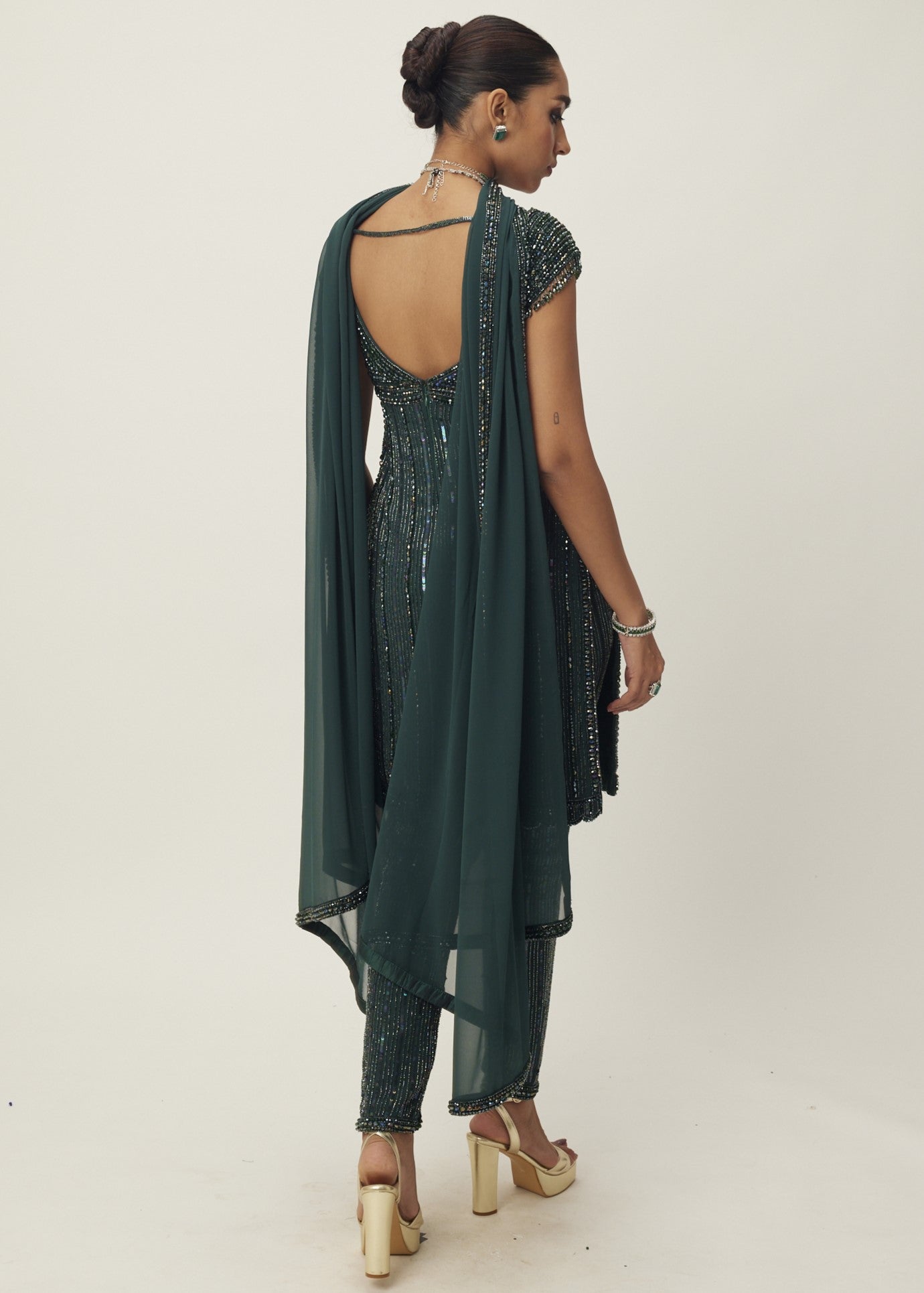 Dark Jade Green Crystal Embellished Kurta Set