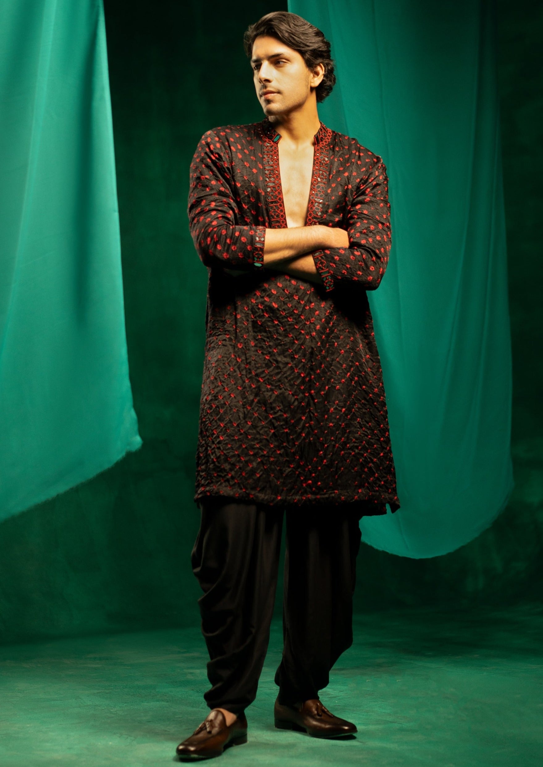 Black Bandhani Mirror Embellished Afghani Kurta Set