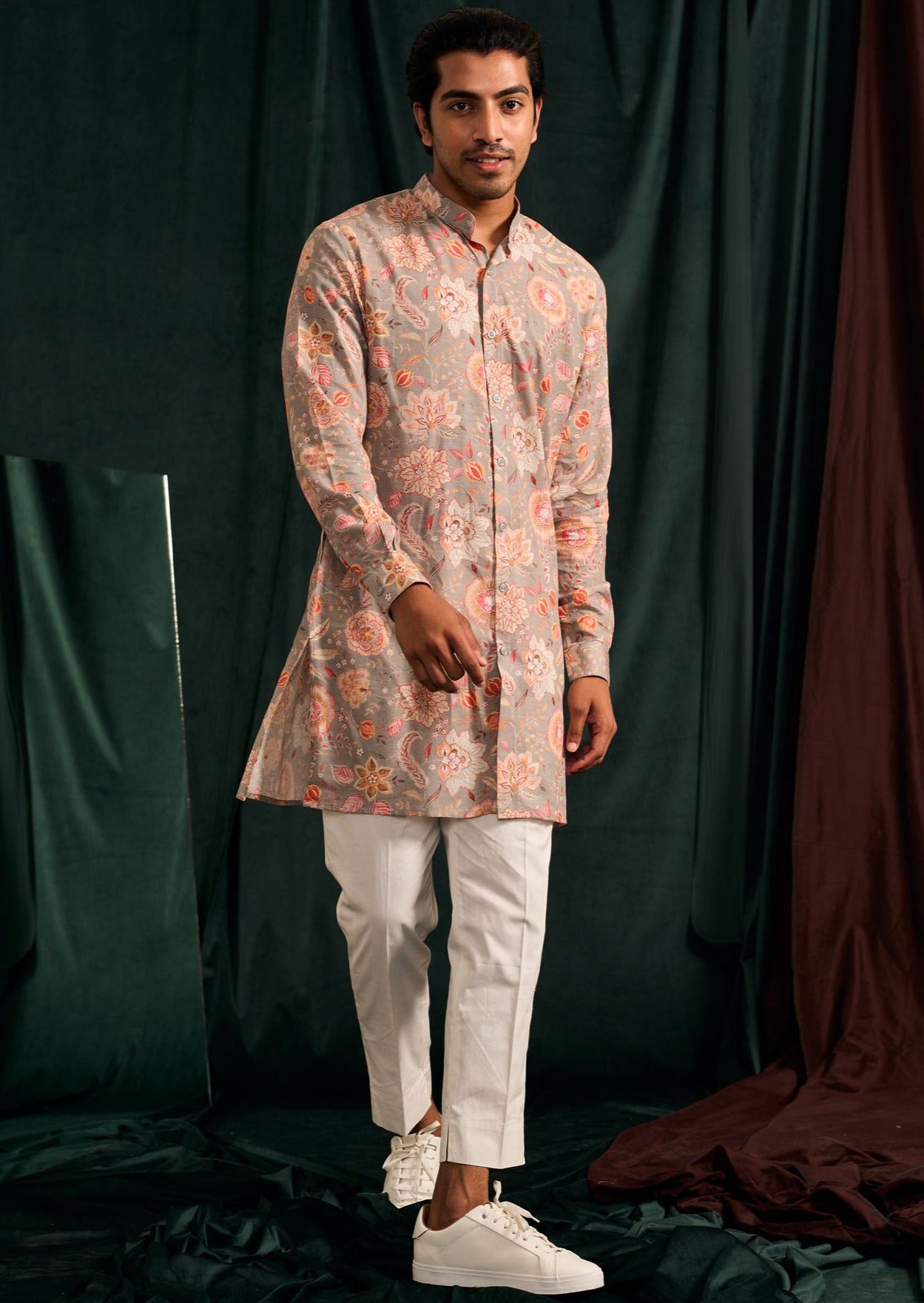 Stone Versailles Cotton Linen Kurta with Cream Pajama