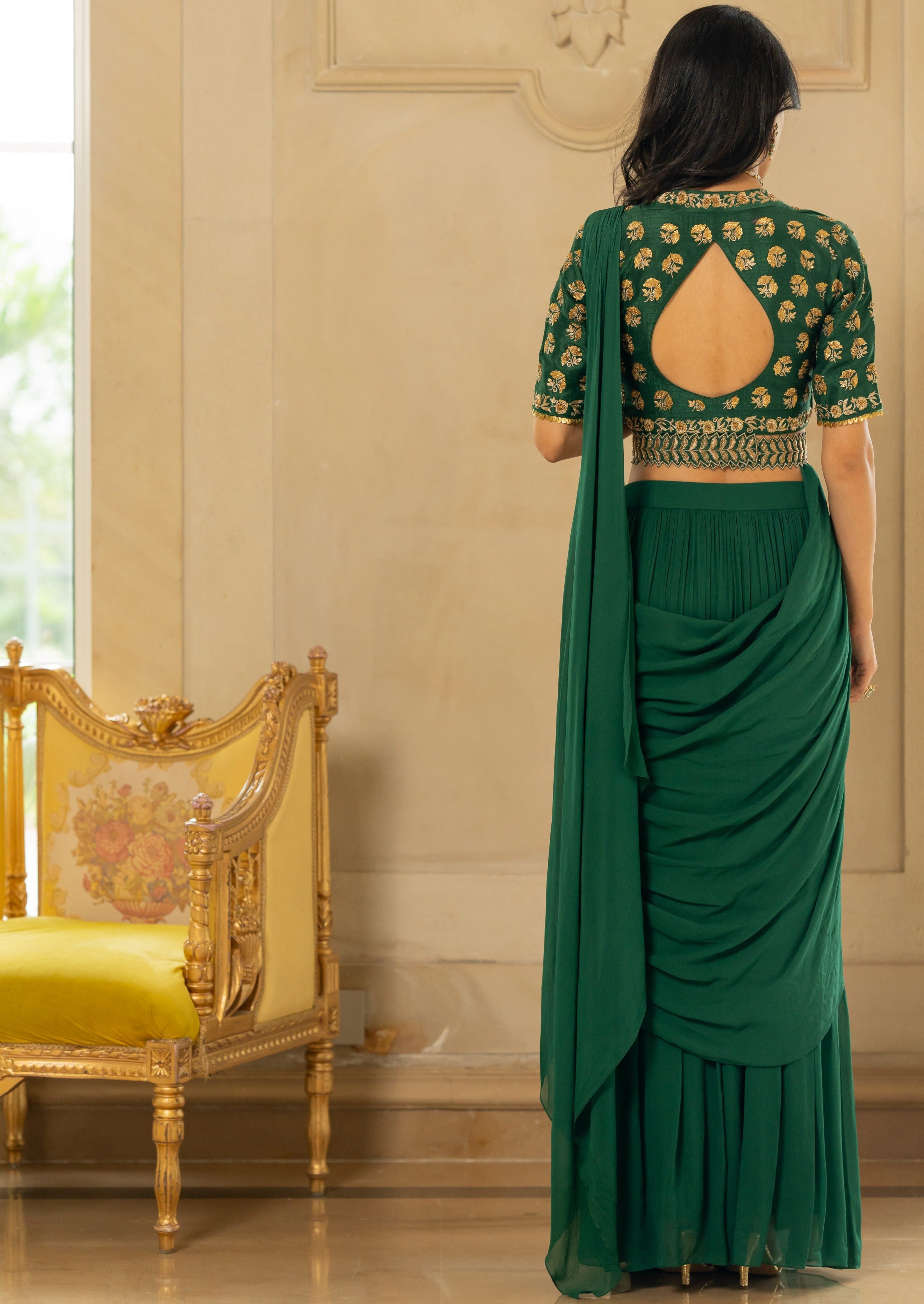 Emerald Green Antique Tone Sari Set