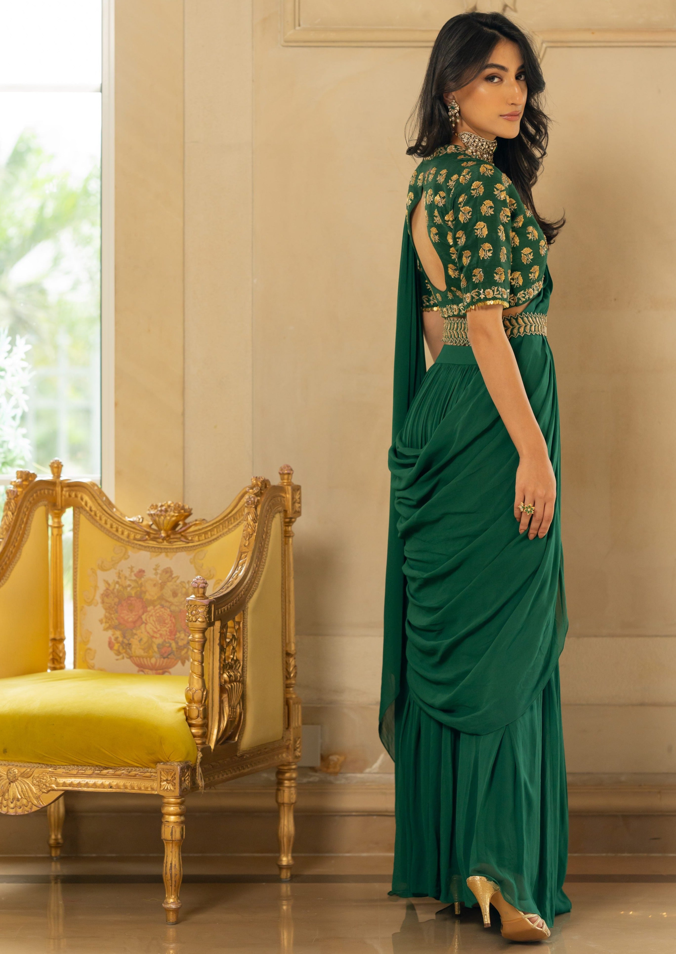 Emerald Green Antique Tone Sari Set