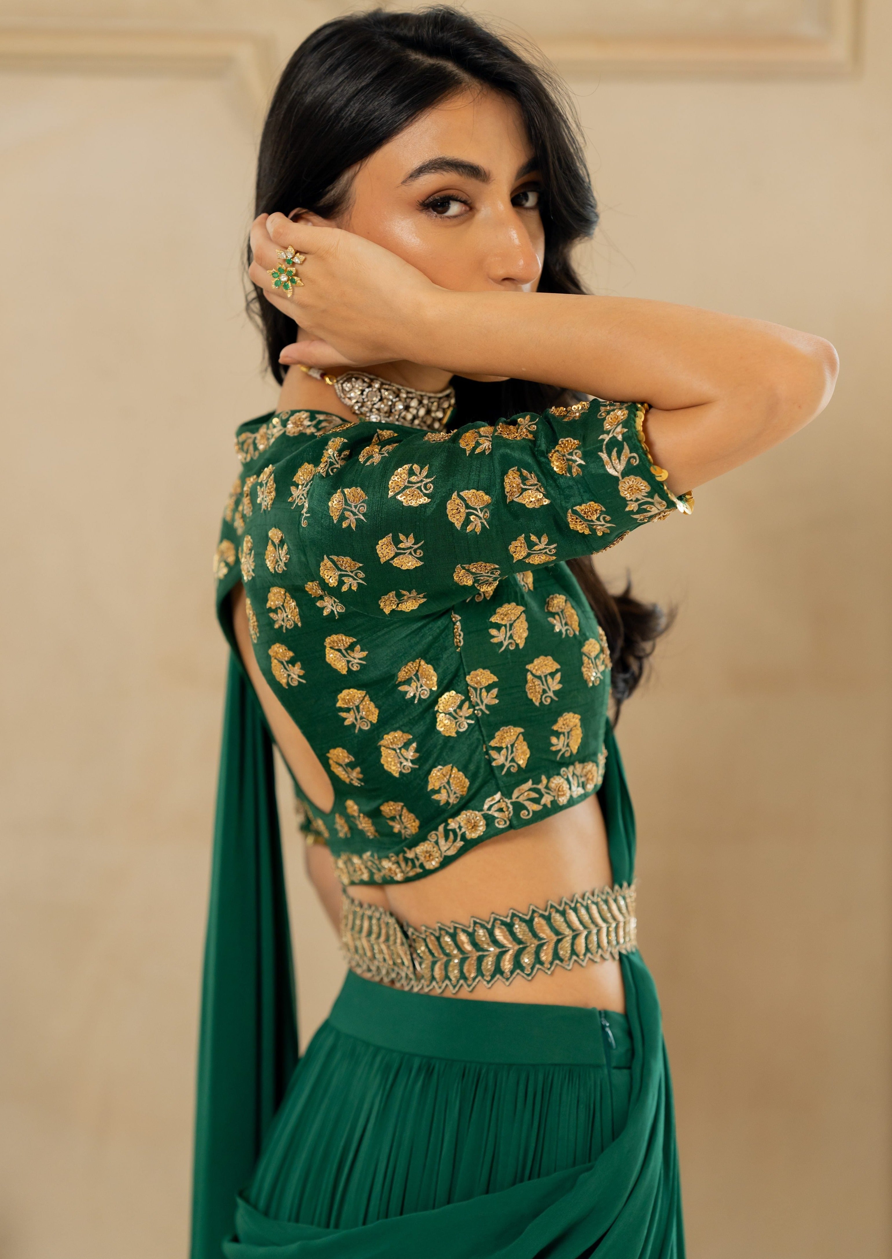 Emerald Green Antique Tone Sari Set