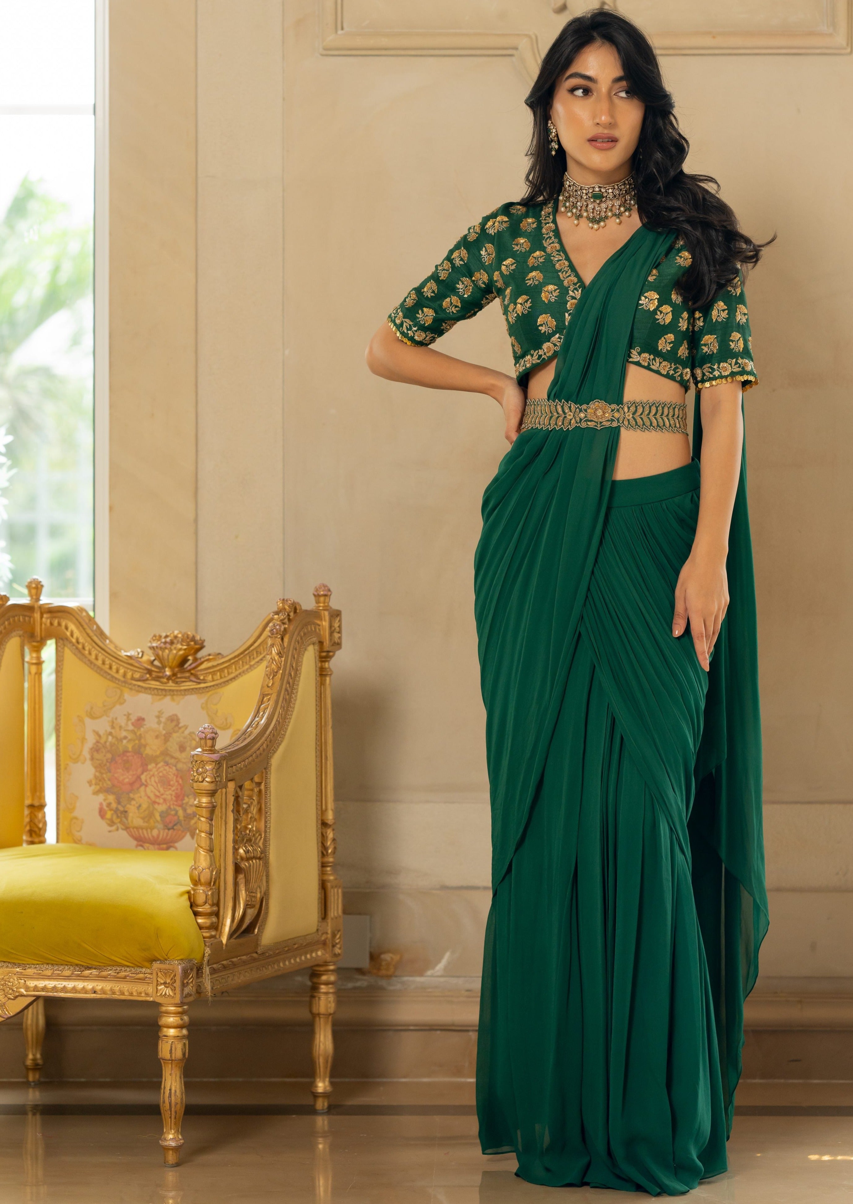 Emerald Green Antique Tone Sari Set