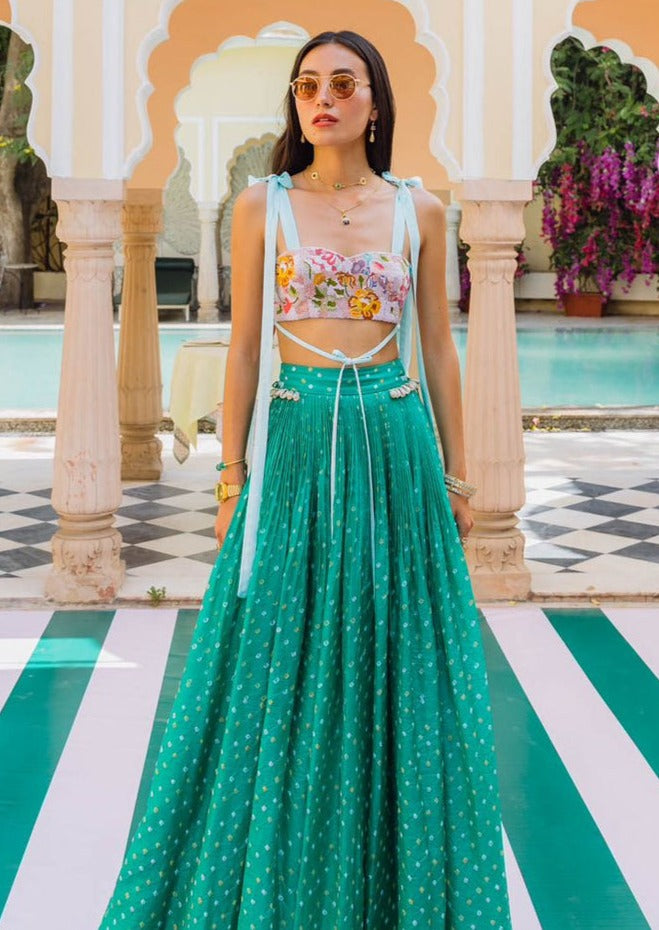 Watermelon Green Bandhani and Bow Lehenga