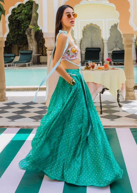 Watermelon Green Bandhani and Bow Lehenga