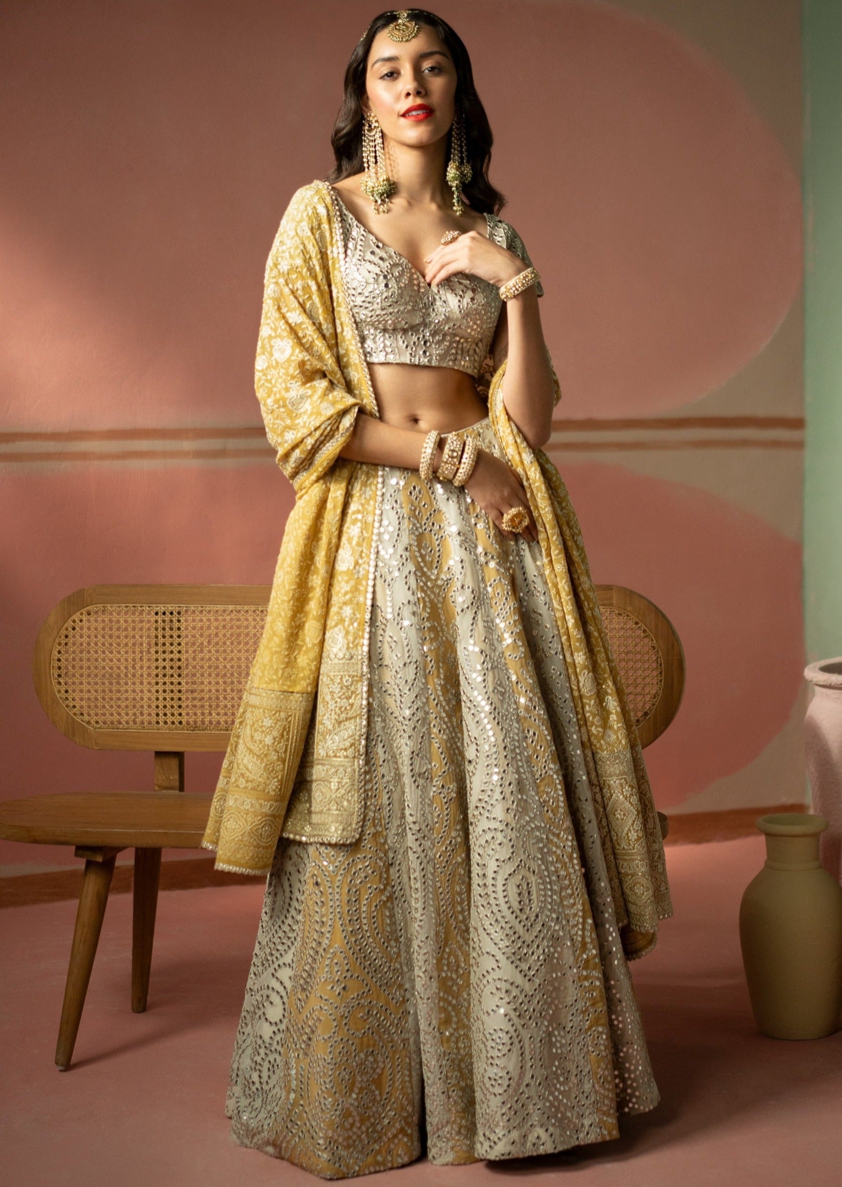 Ecru And Golden Yellow Mirrorwork Lehenga Set