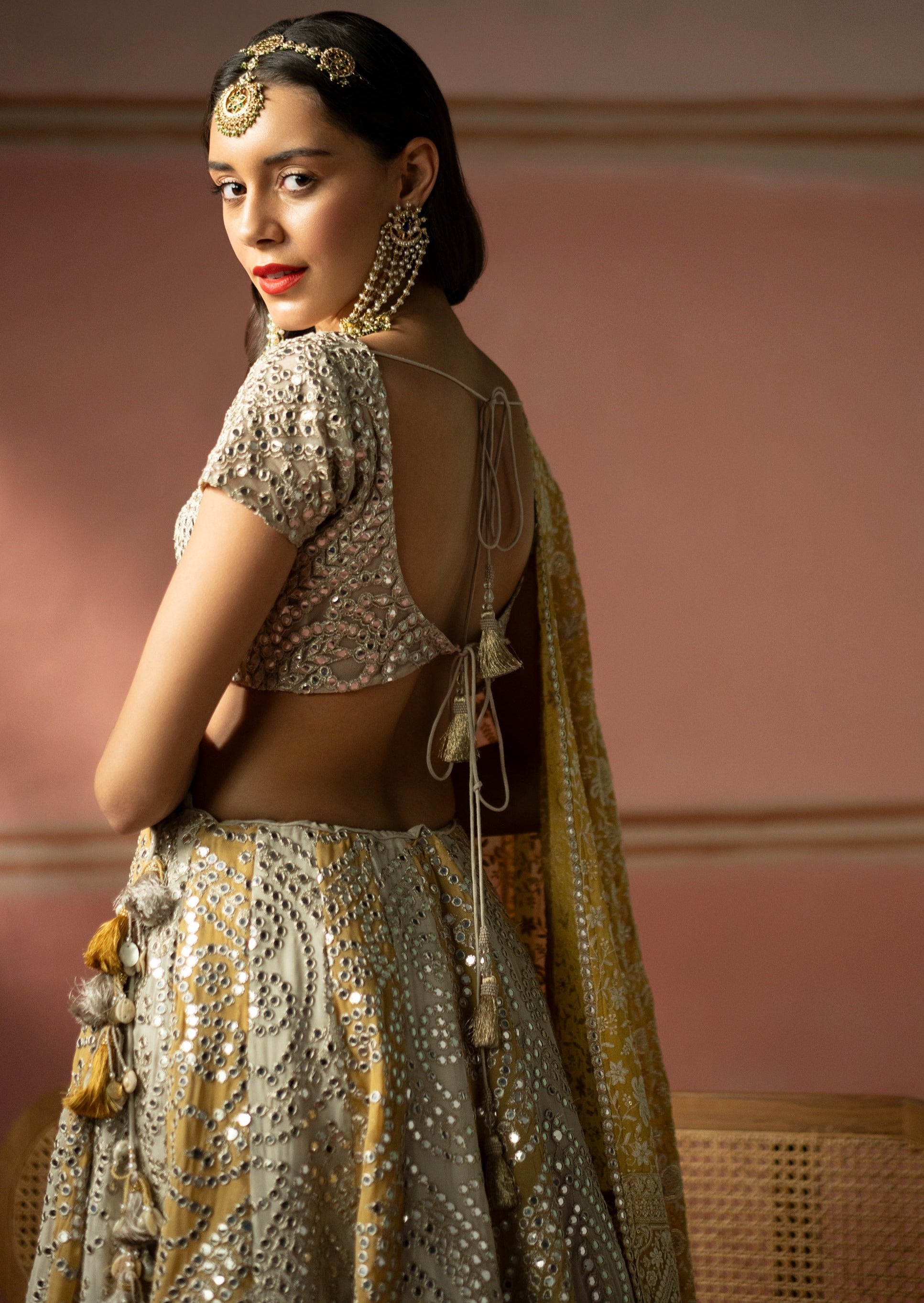Ecru And Golden Yellow Mirrorwork Lehenga Set