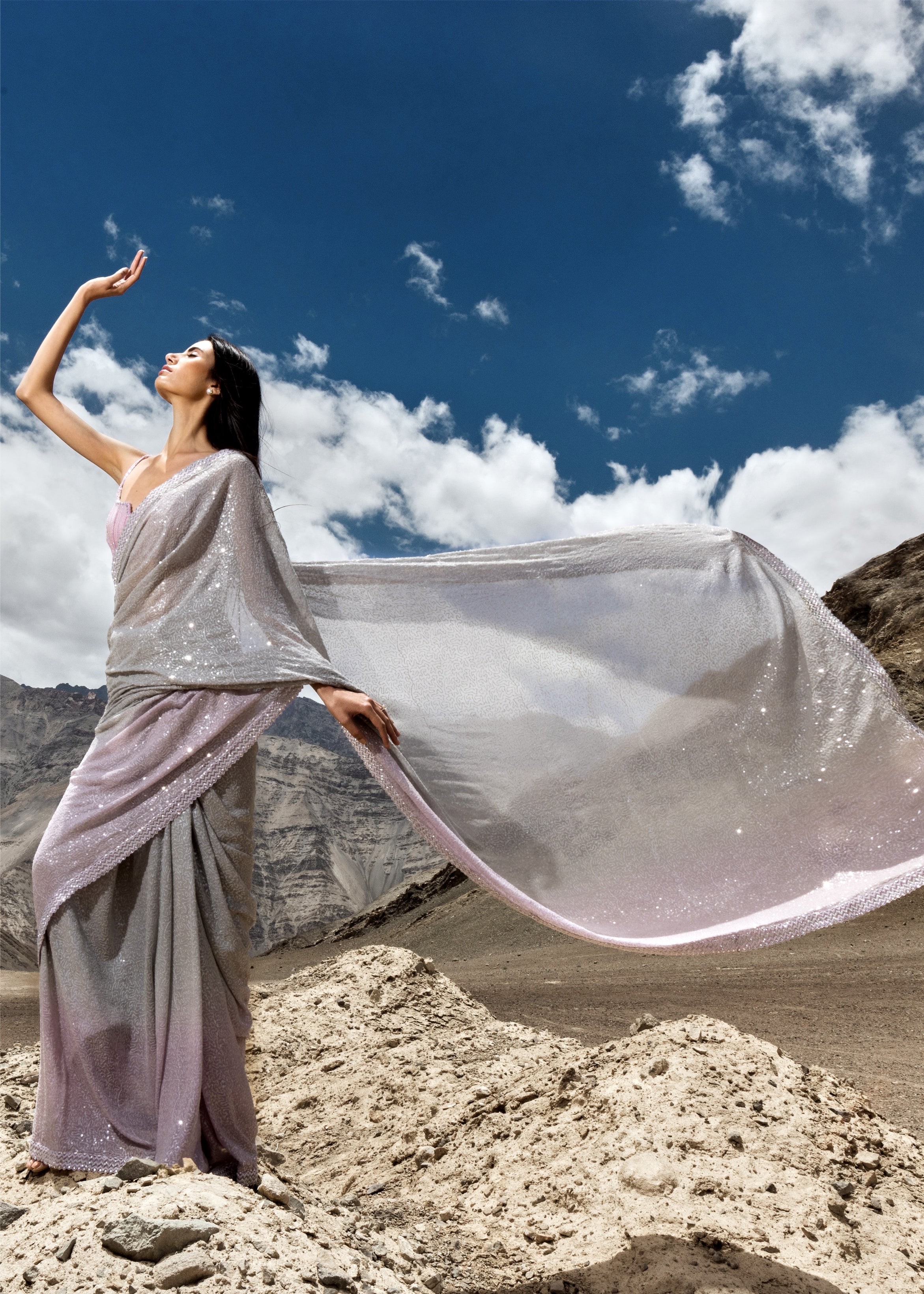 Grey To Lilac Ombré Sequins Sari