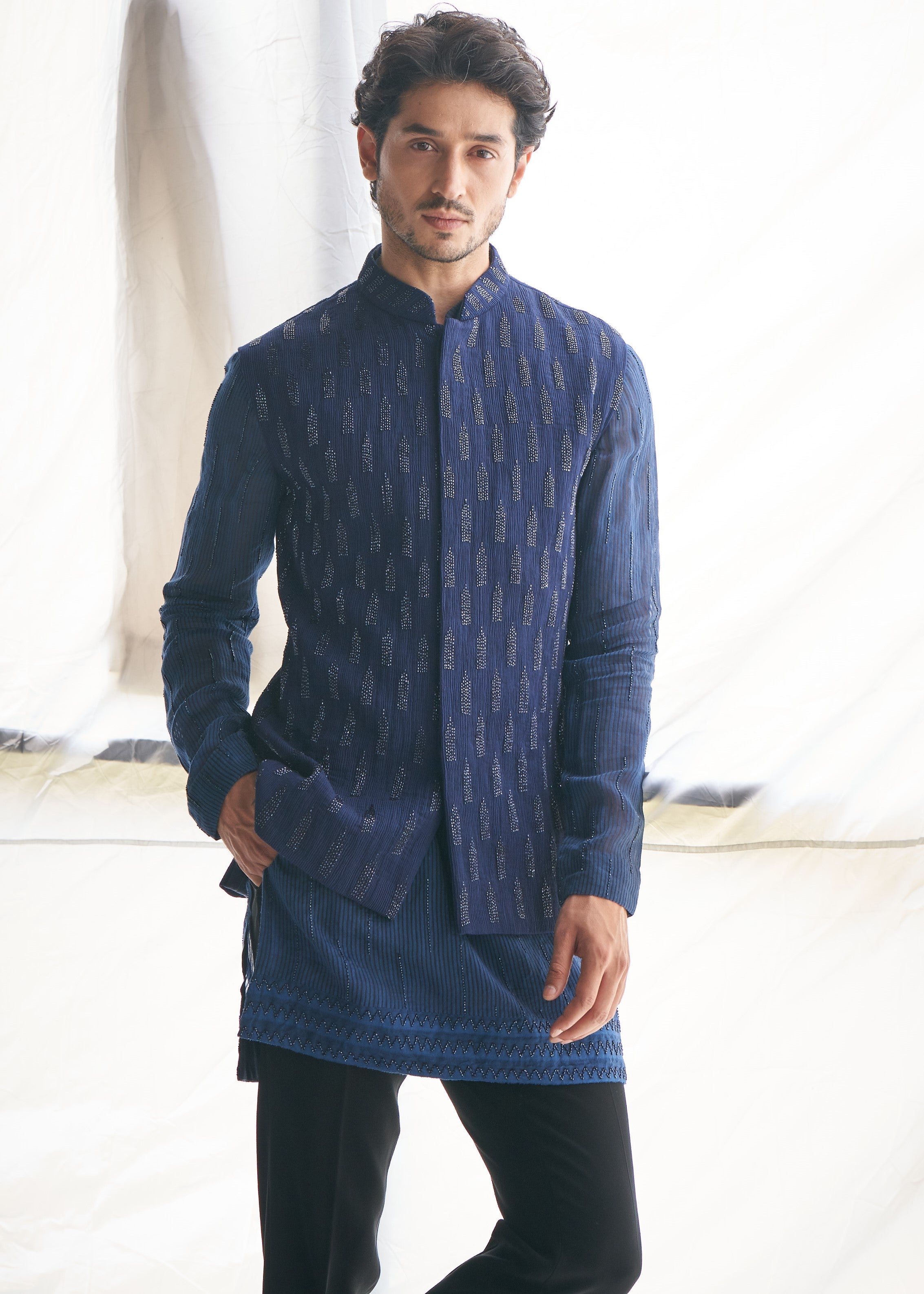 Blue Ruched Cutdana Work Nehru Kurta Set
