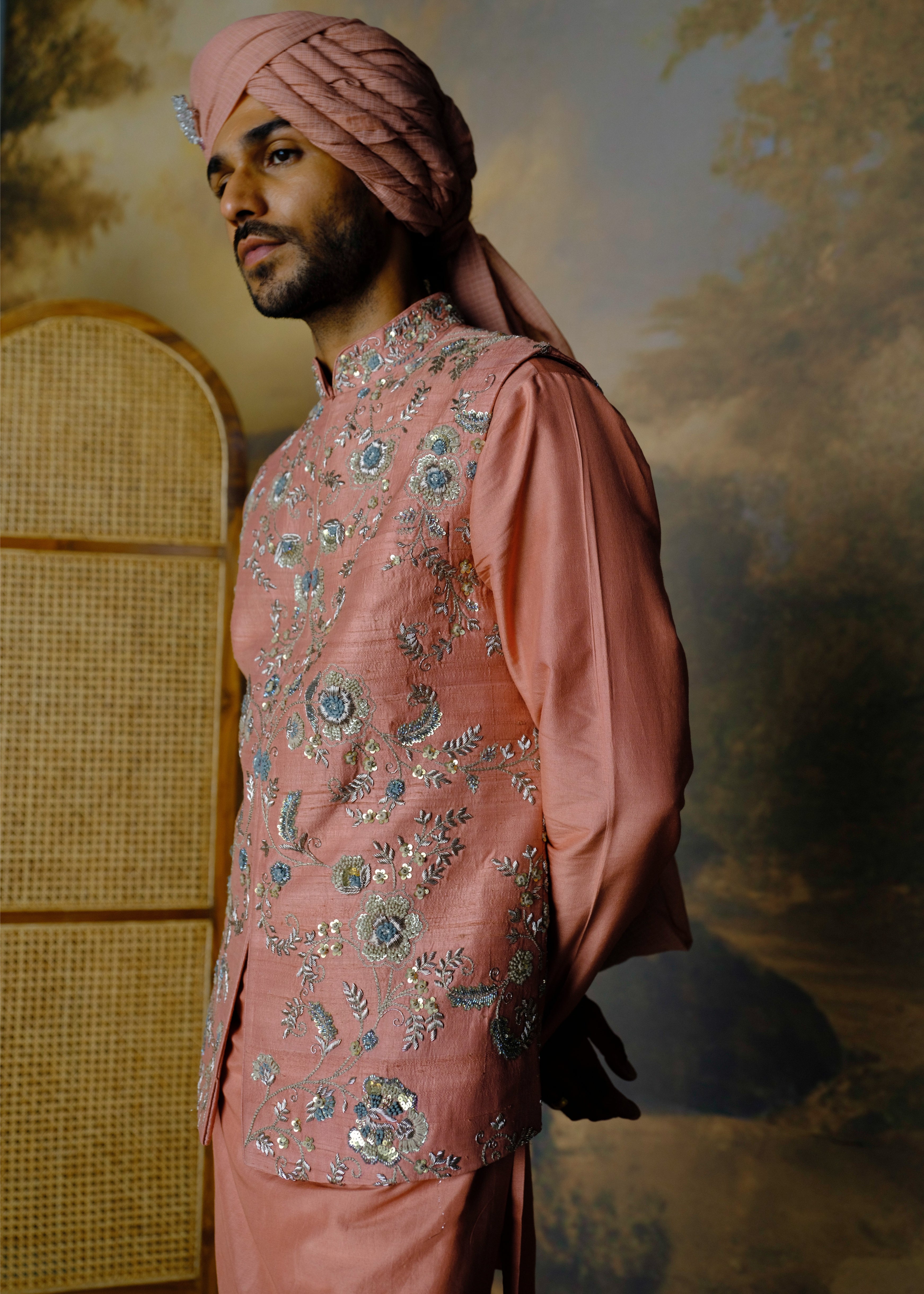 Peach Embroidered Bandi Set