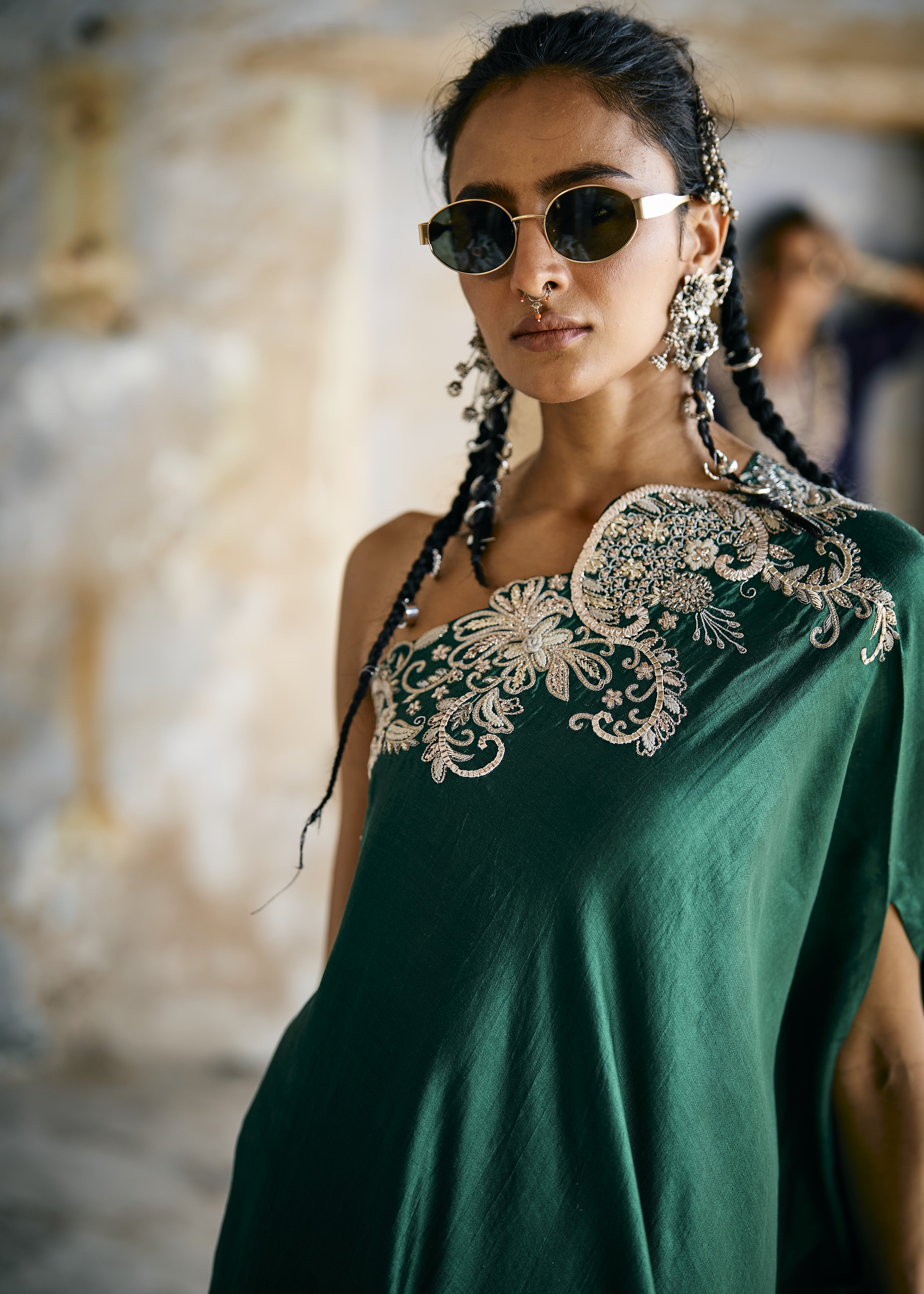 Emerald Green Off-Shoulder Set with Dhoti Pant