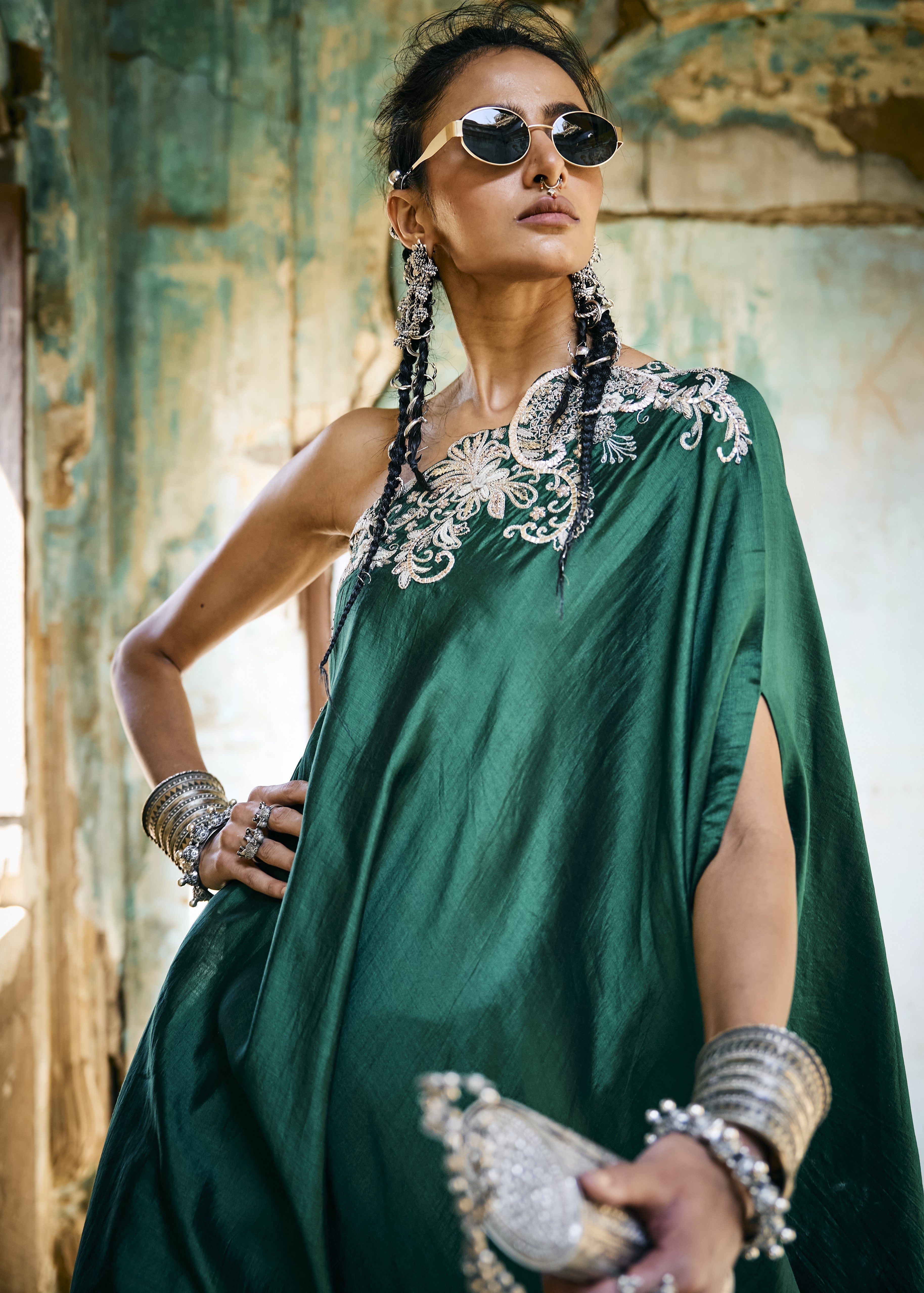 Emerald Green Off-Shoulder Set with Dhoti Pant