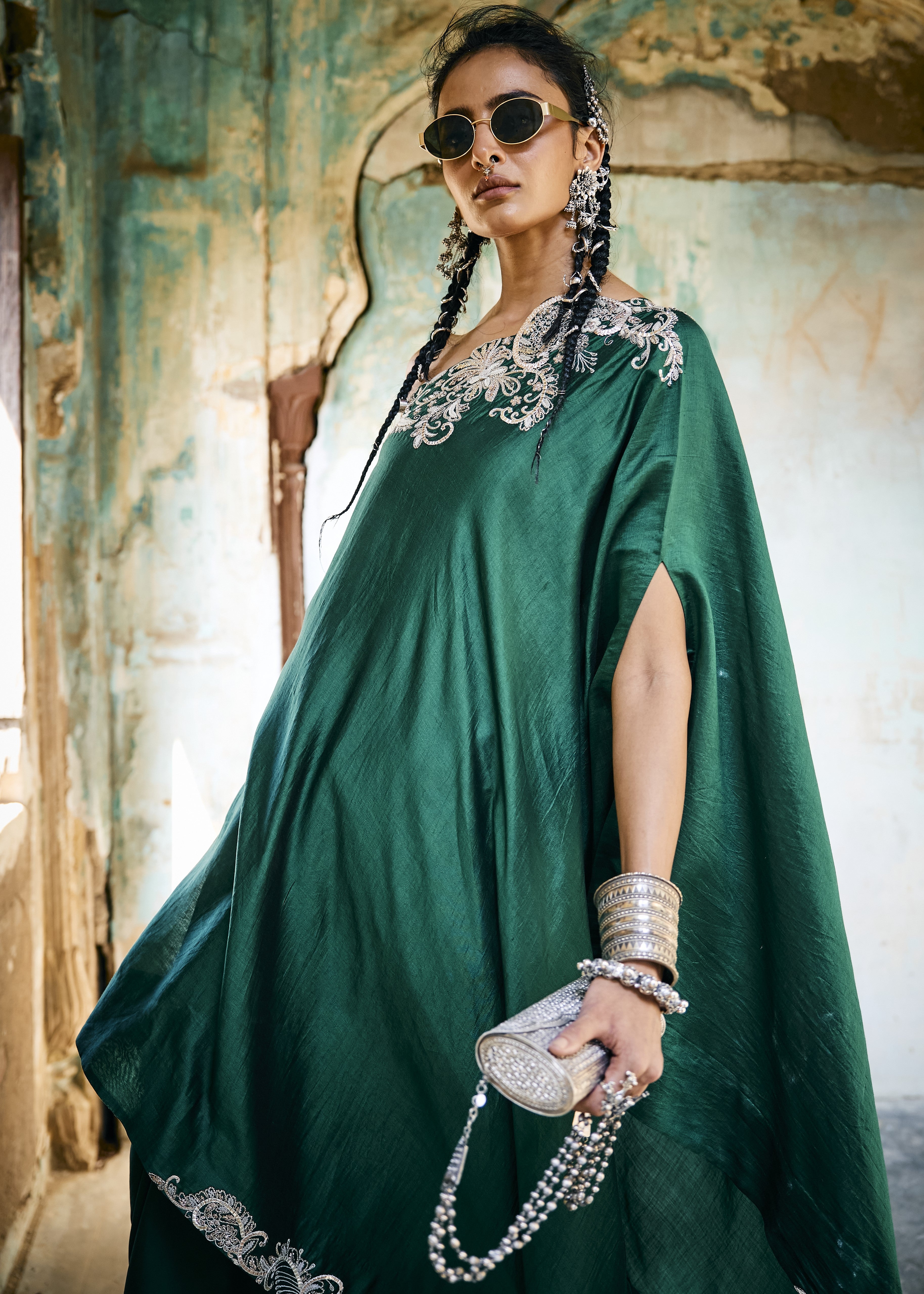 Emerald Green Off-Shoulder Set with Dhoti Pant