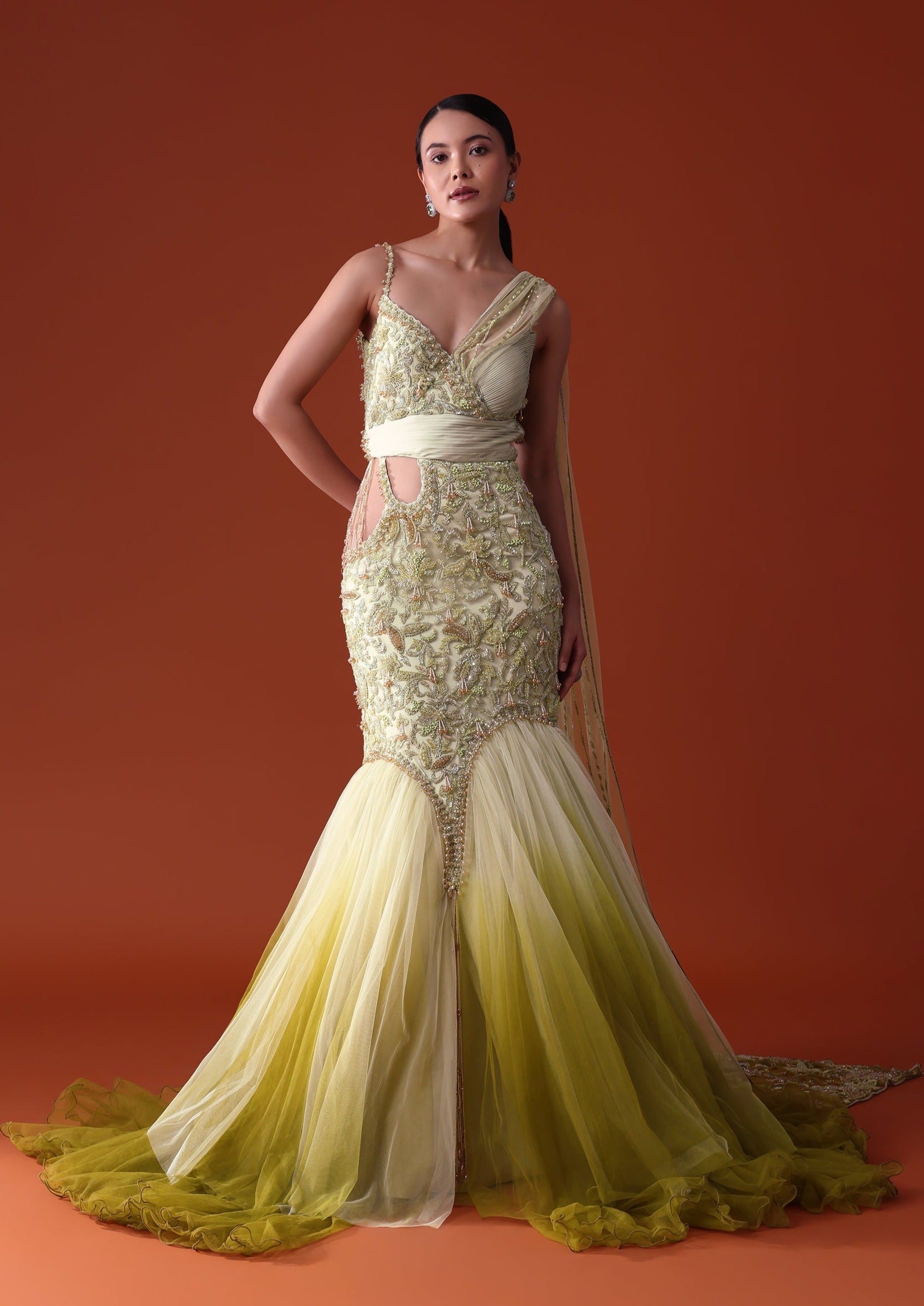 Citrus Green Ombre Fish Cut Zardozi Gown Sari Citrus Green Ombre Fish Cut Zardozi Gown Sari