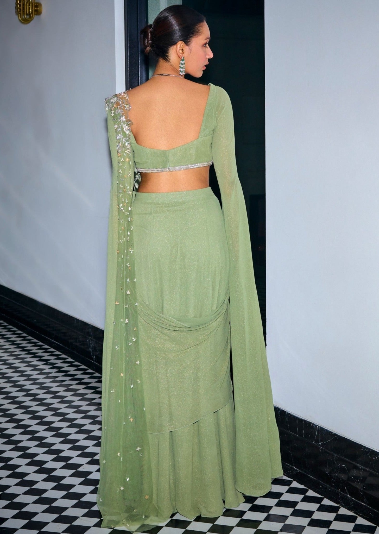 Sage Green Pre-Draped Sari