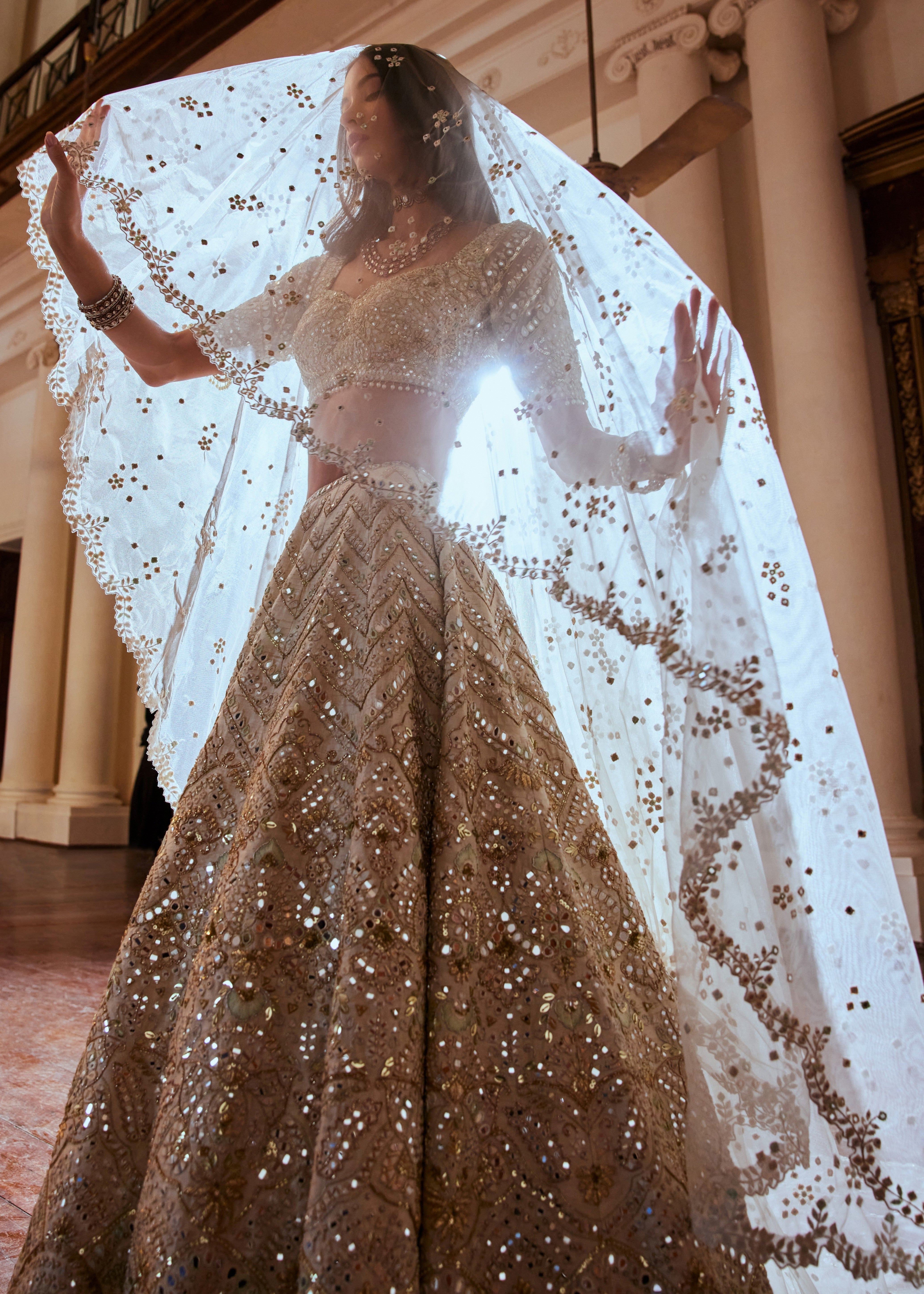 Cream Lehenga with Green Highlighting