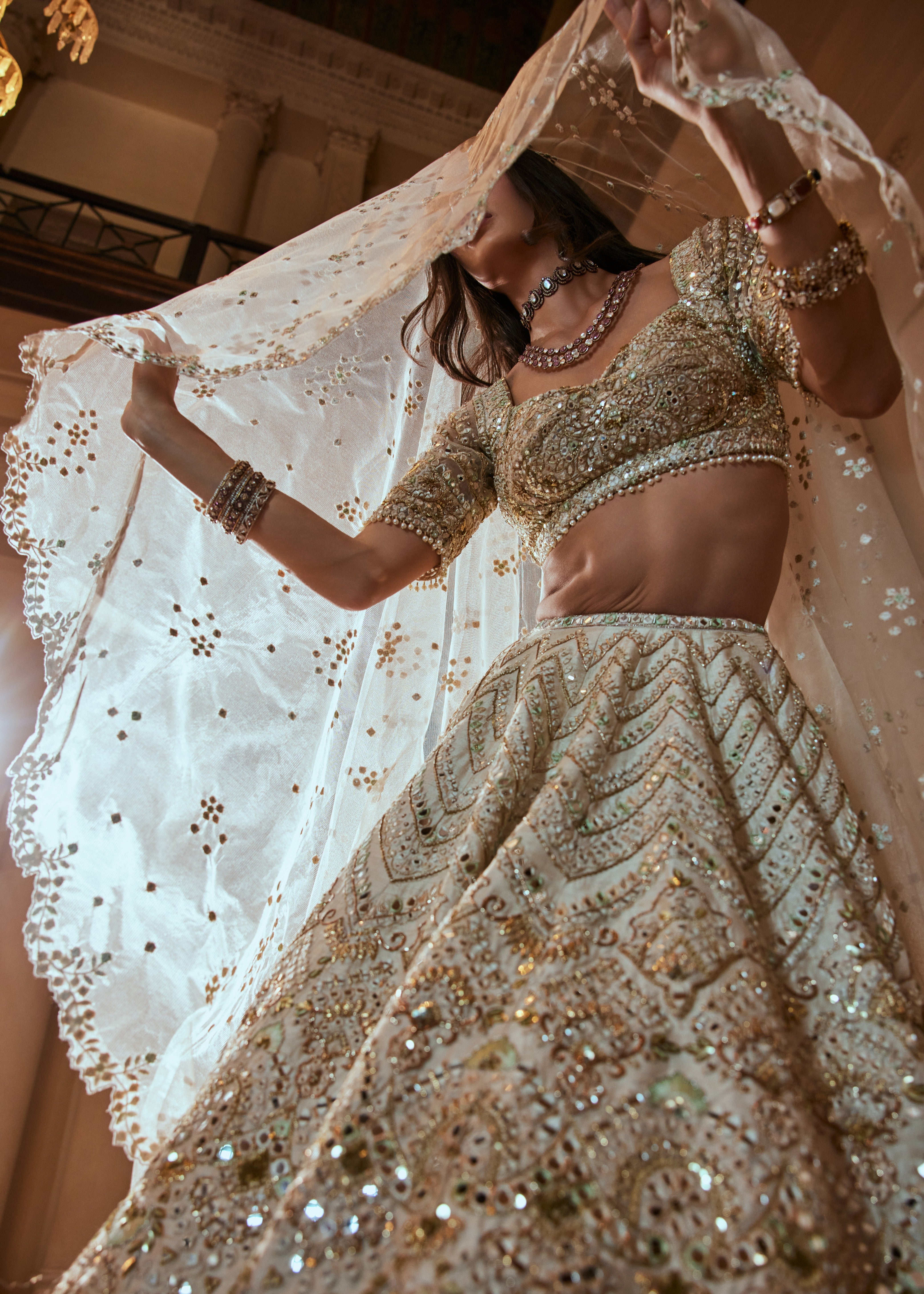Cream Lehenga with Green Highlighting